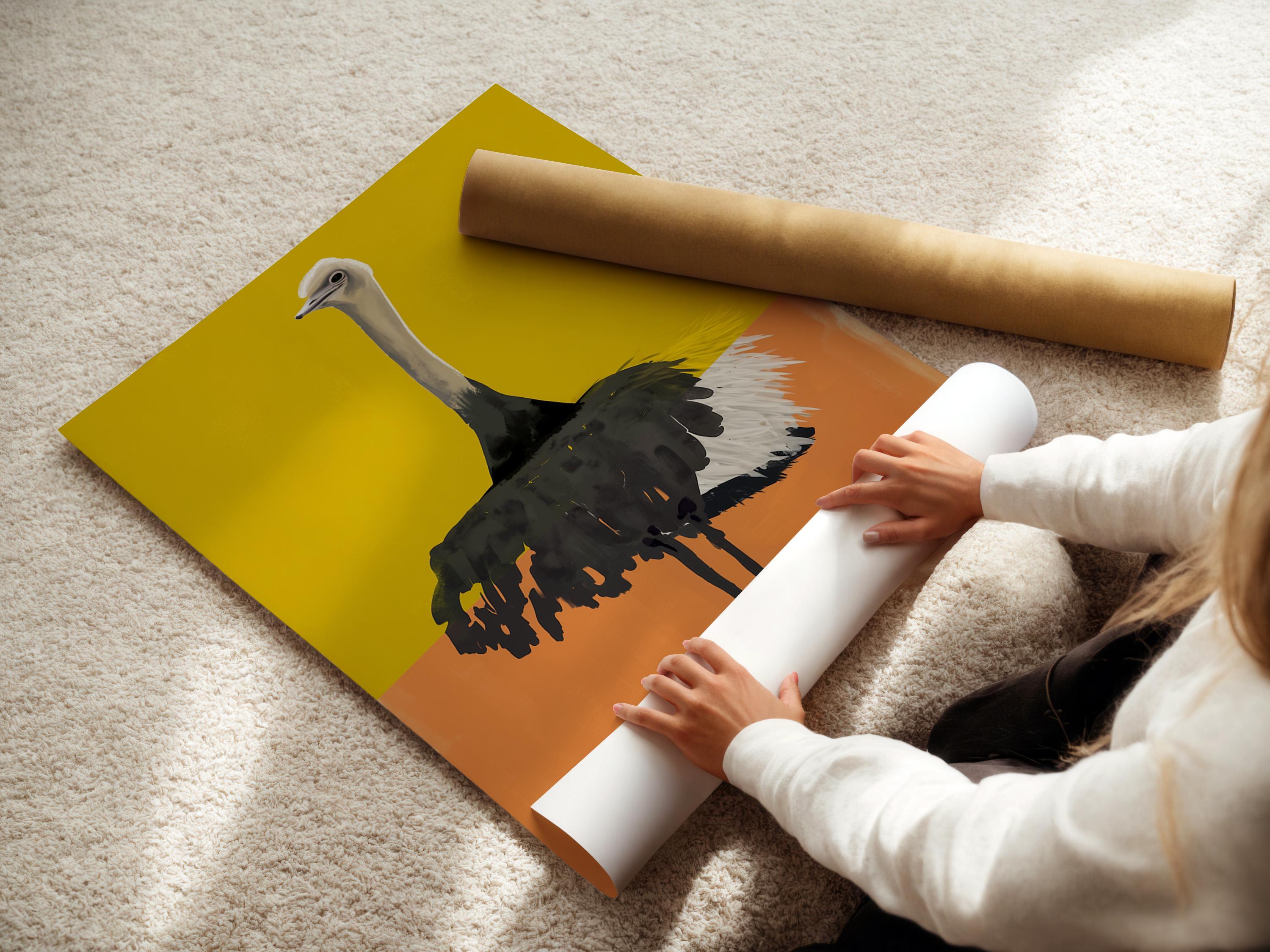 Stylised ostrich portrait in yellow and orange colour blocks with textured dark feathers detail view