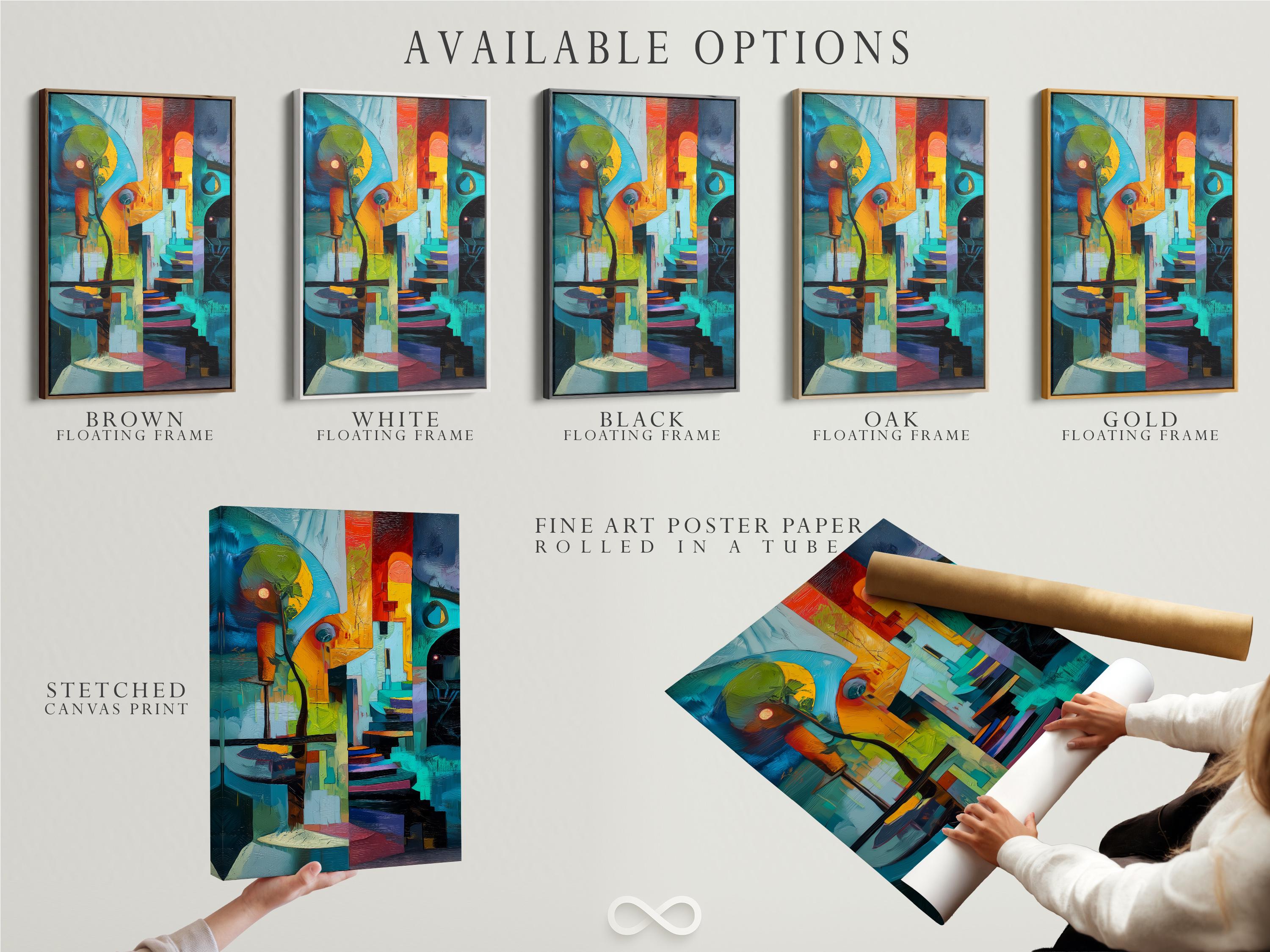 Person in yellow holding a cup standing beside a framed abstract geometric artwork
