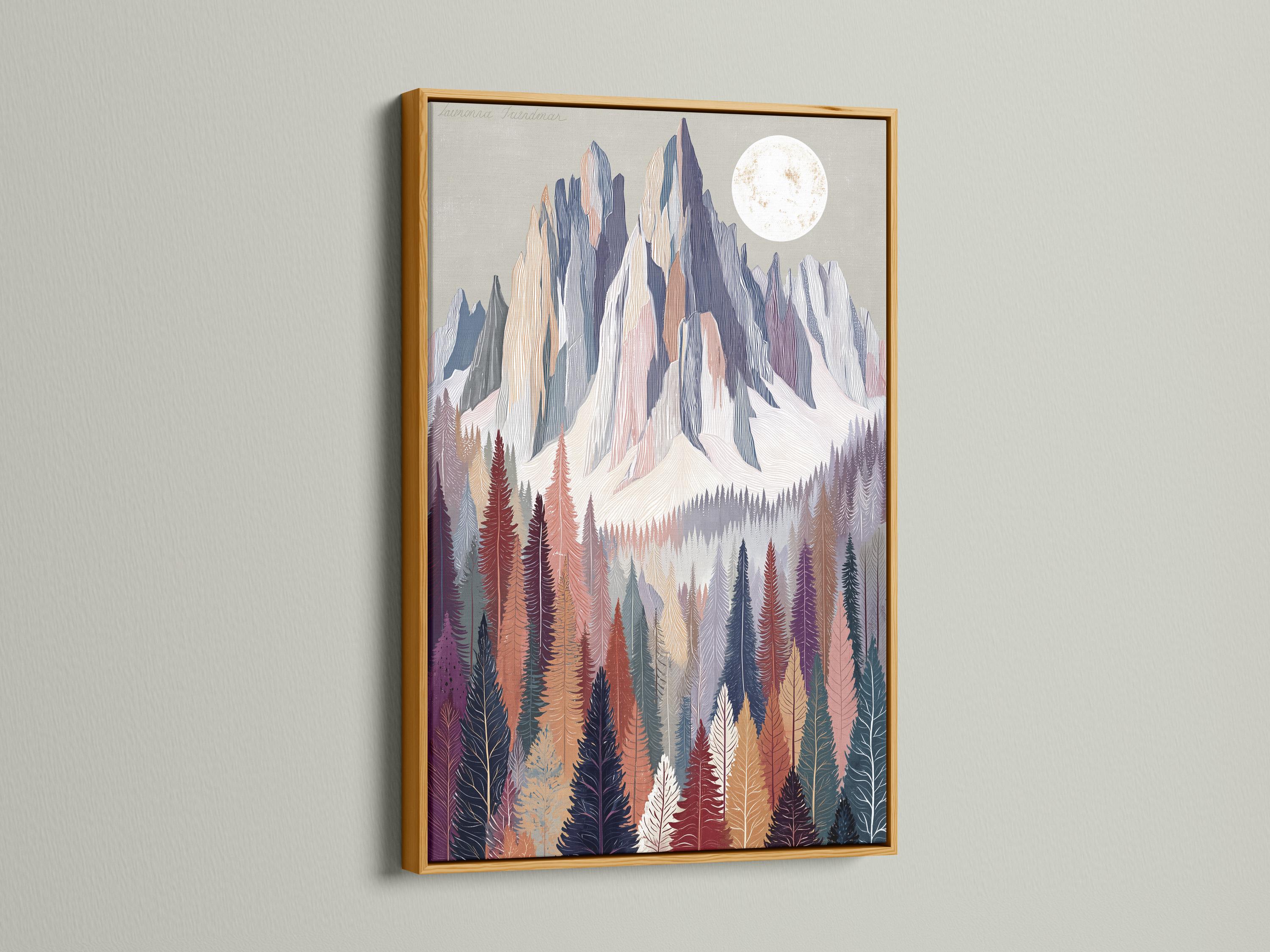Pastel mountain and conifer forest landscape with a pale moon in the sky detail view