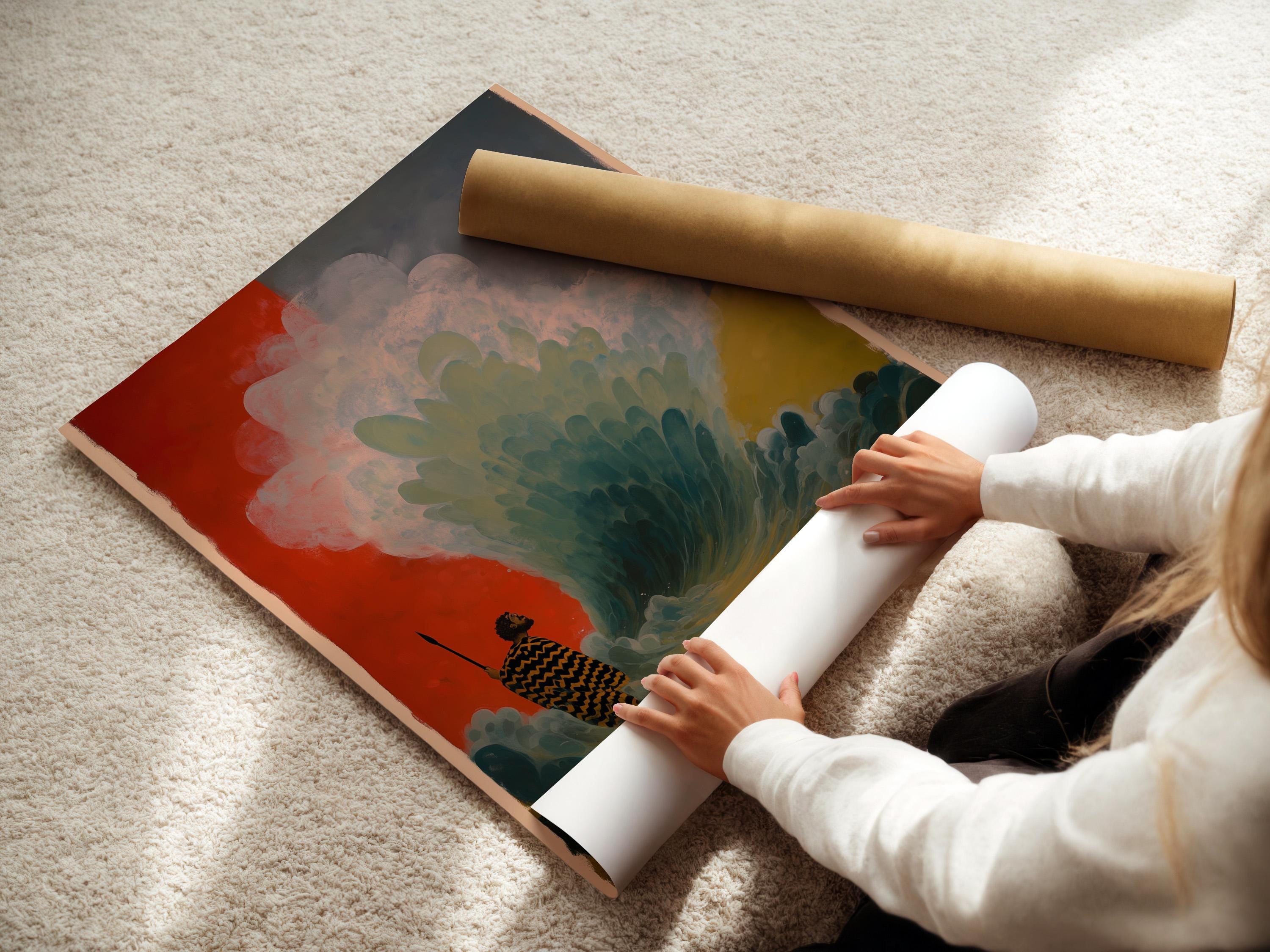 Room mockup with a portrait framed artwork featuring a patterned figure holding a staff in teal and terracotta tones