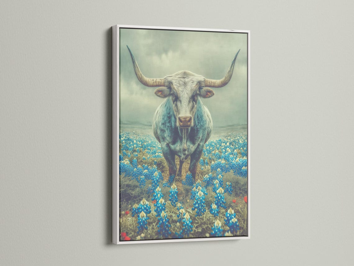 Longhorn bull standing in a blue flower field with a pale green-blue sky detail view