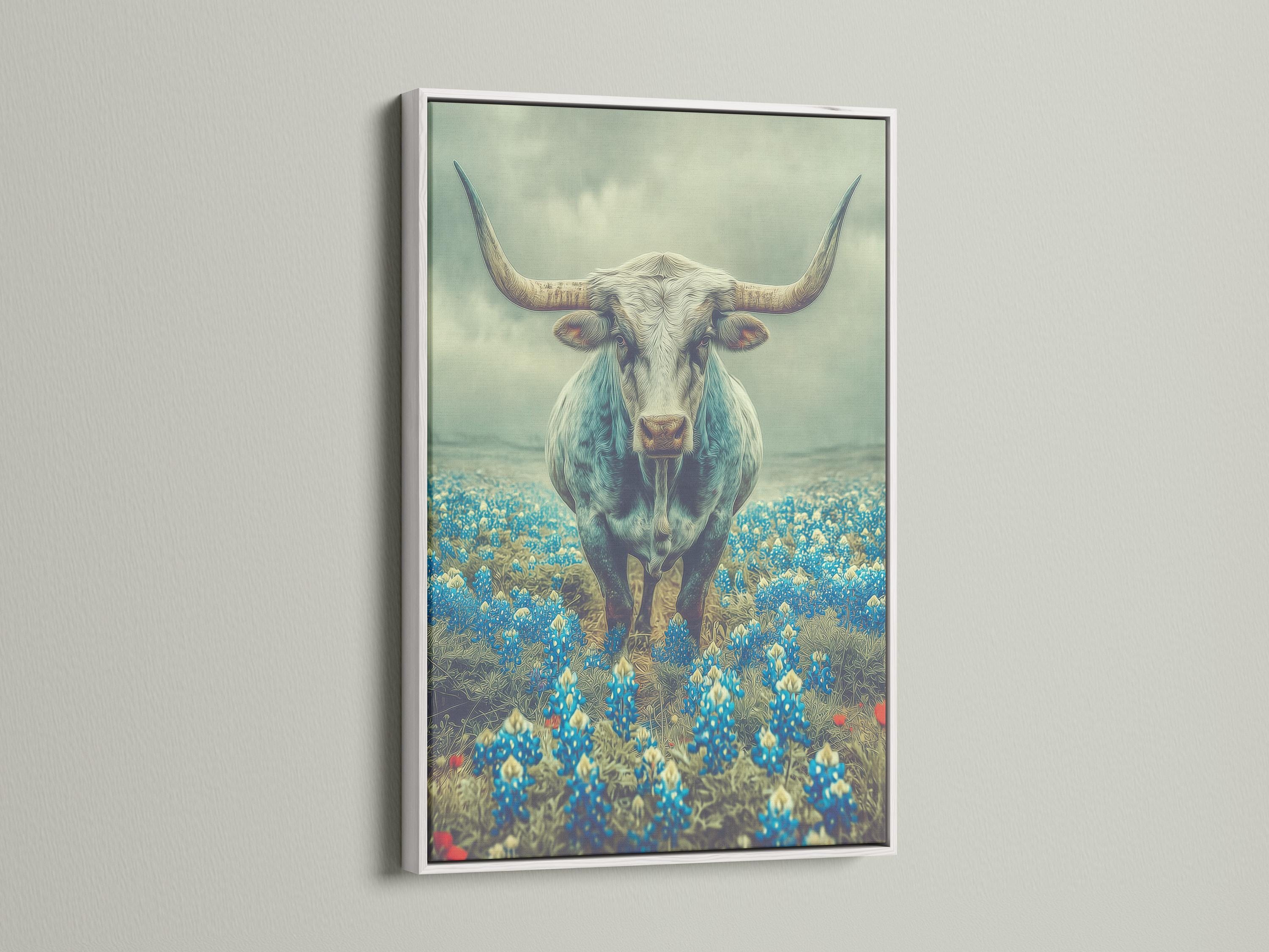 Longhorn bull standing in a blue flower field with a pale green-blue sky detail view