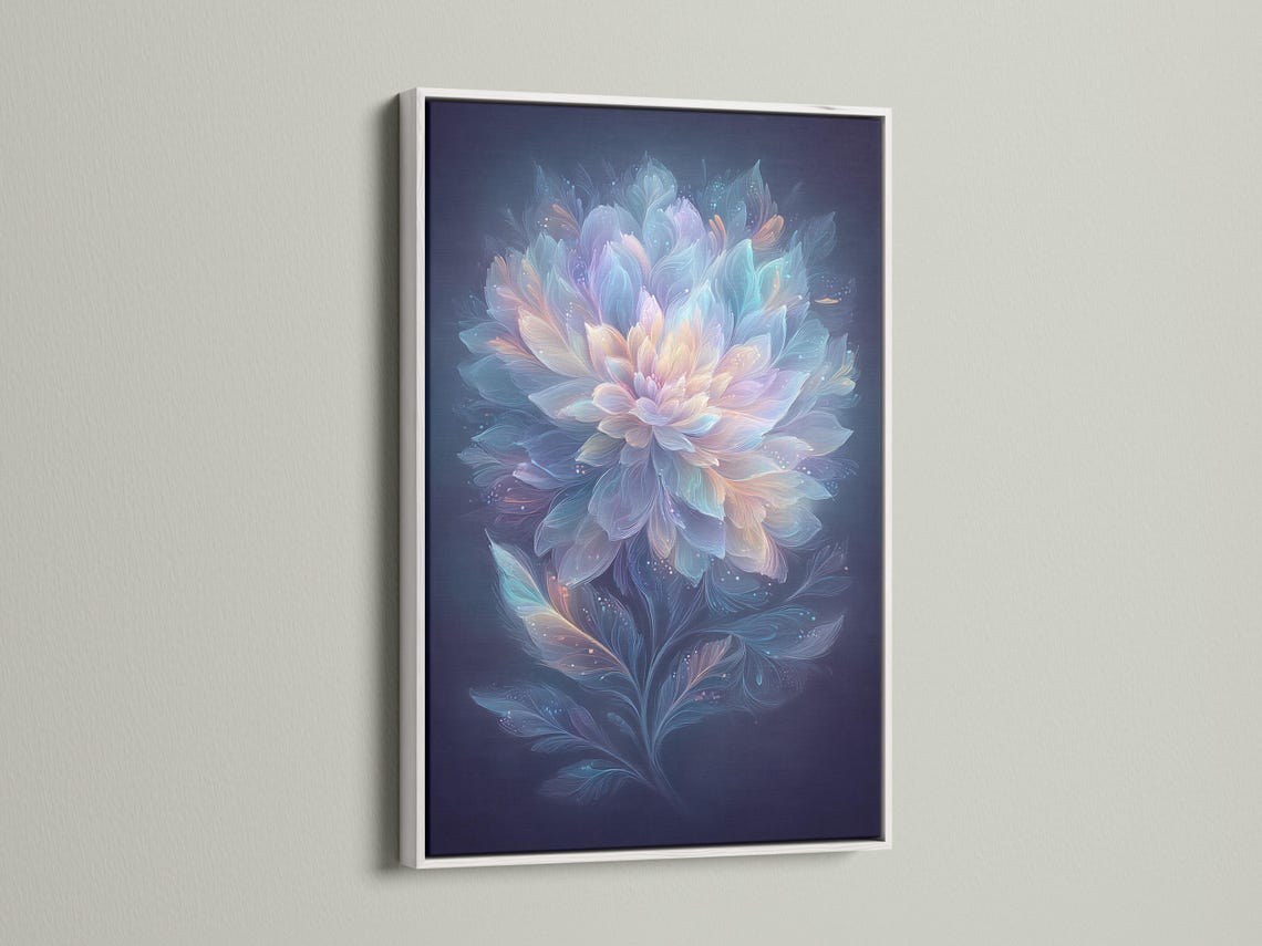 Wall mockup showing a framed floral artwork with pastel petals on deep navy blue