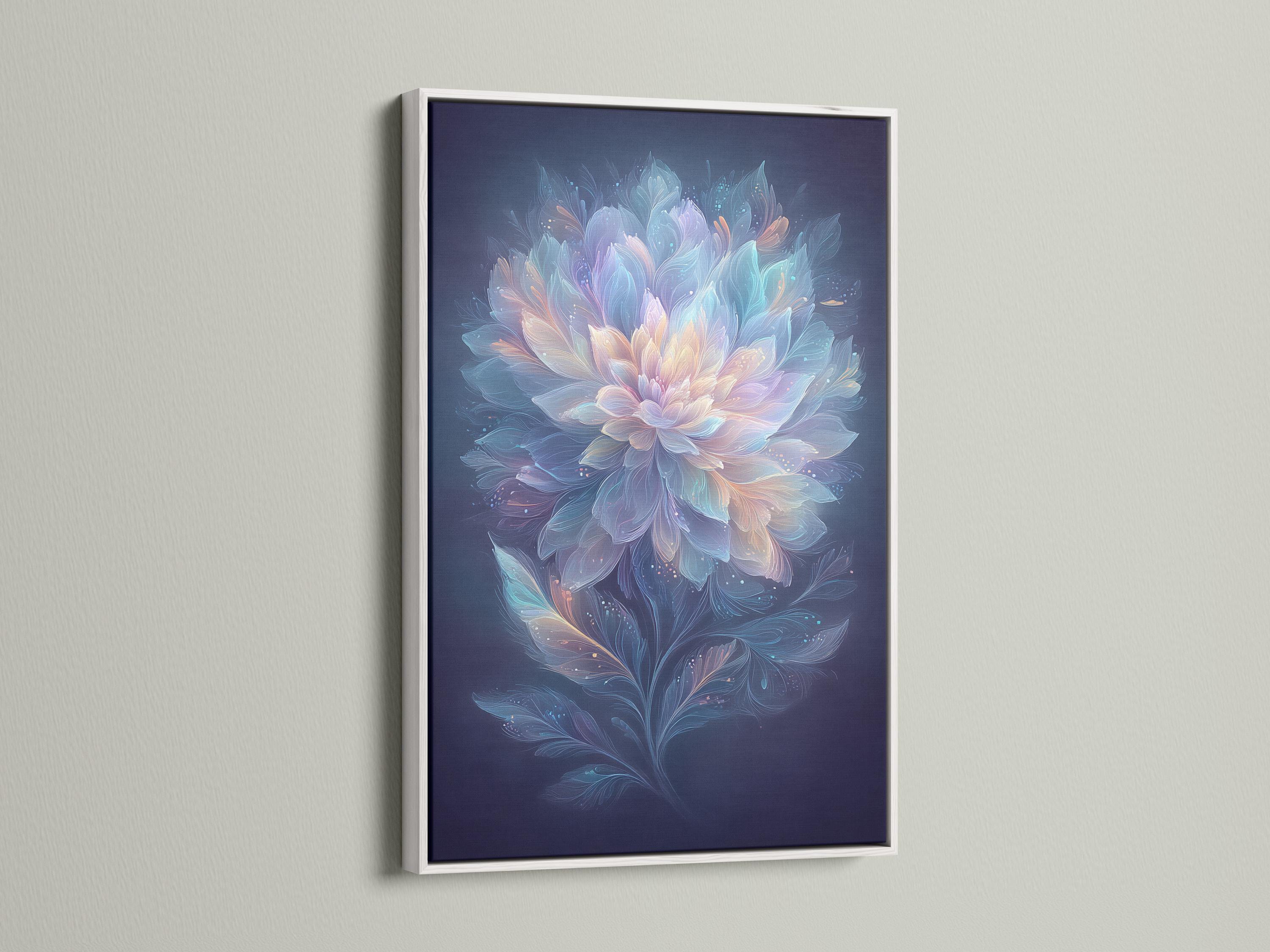 Wall mockup showing a framed floral artwork with pastel petals on deep navy blue