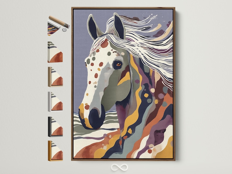Stylised horse portrait with flowing stripes in blue, purple, cream and gold tones