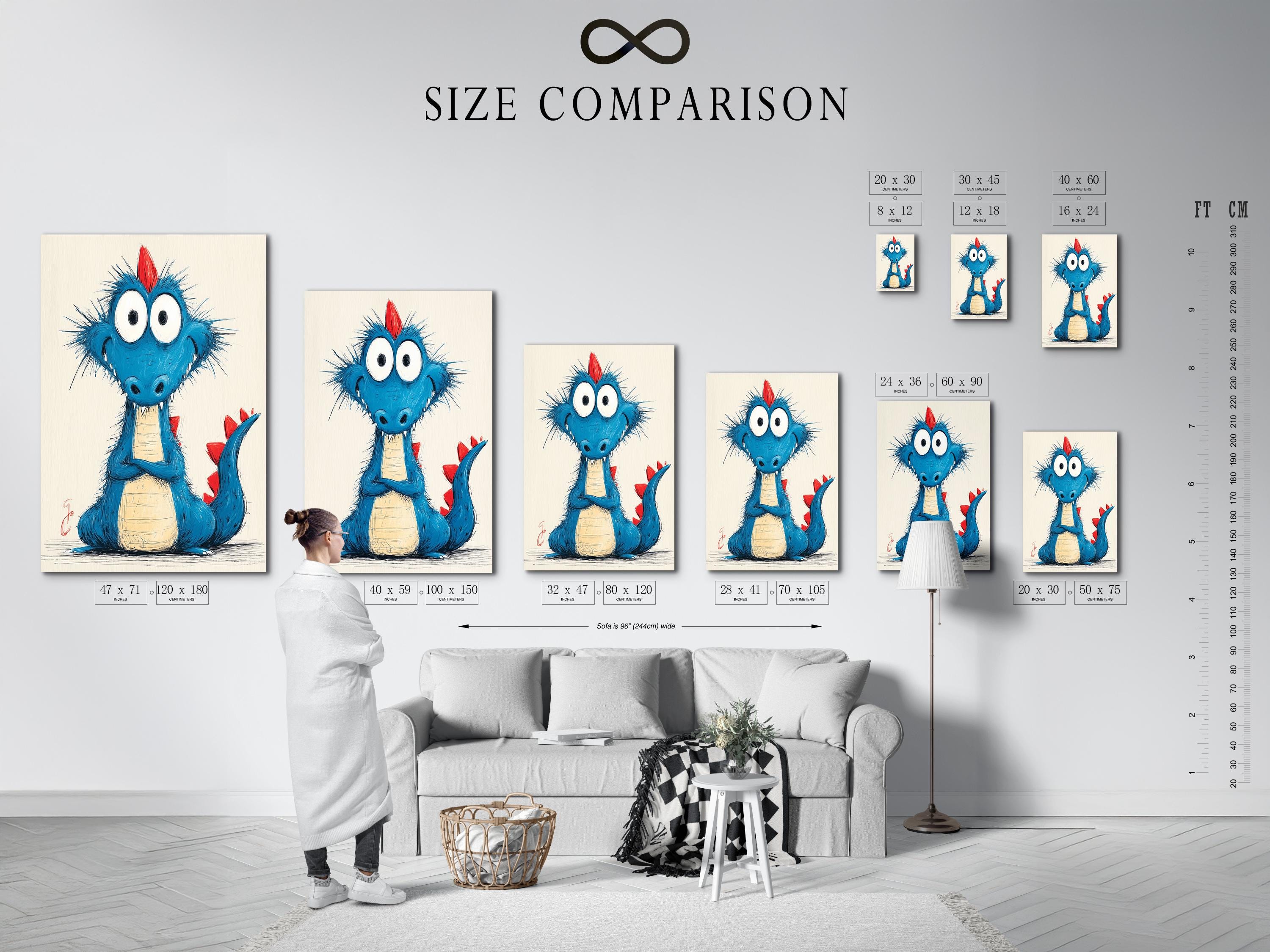 Room mockup showing a framed cartoon blue dragon artwork