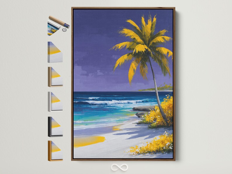 Painterly palm tree on a tropical beach with purple-blue sky and turquoise ocean