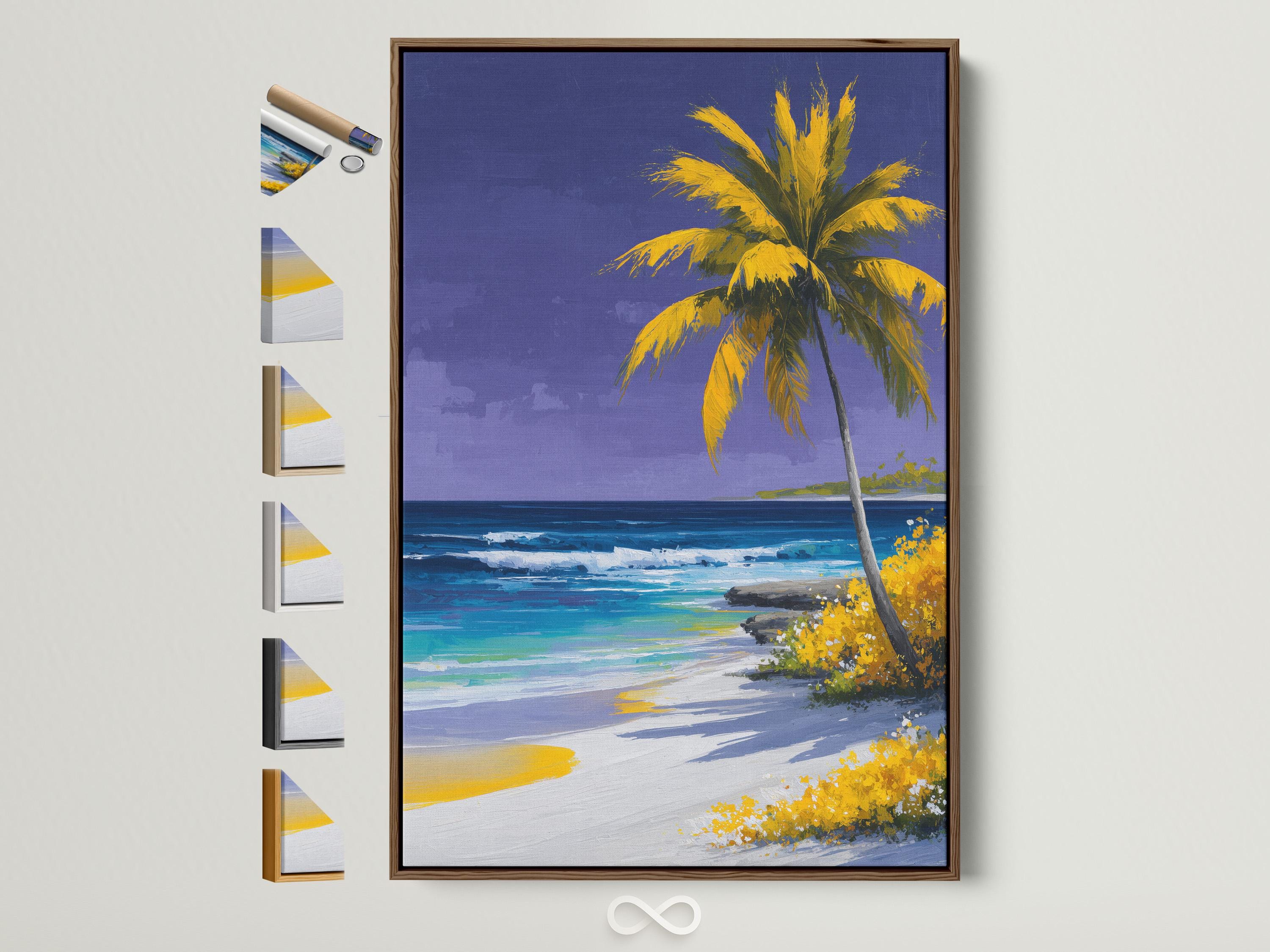Painterly palm tree on a tropical beach with purple-blue sky and turquoise ocean