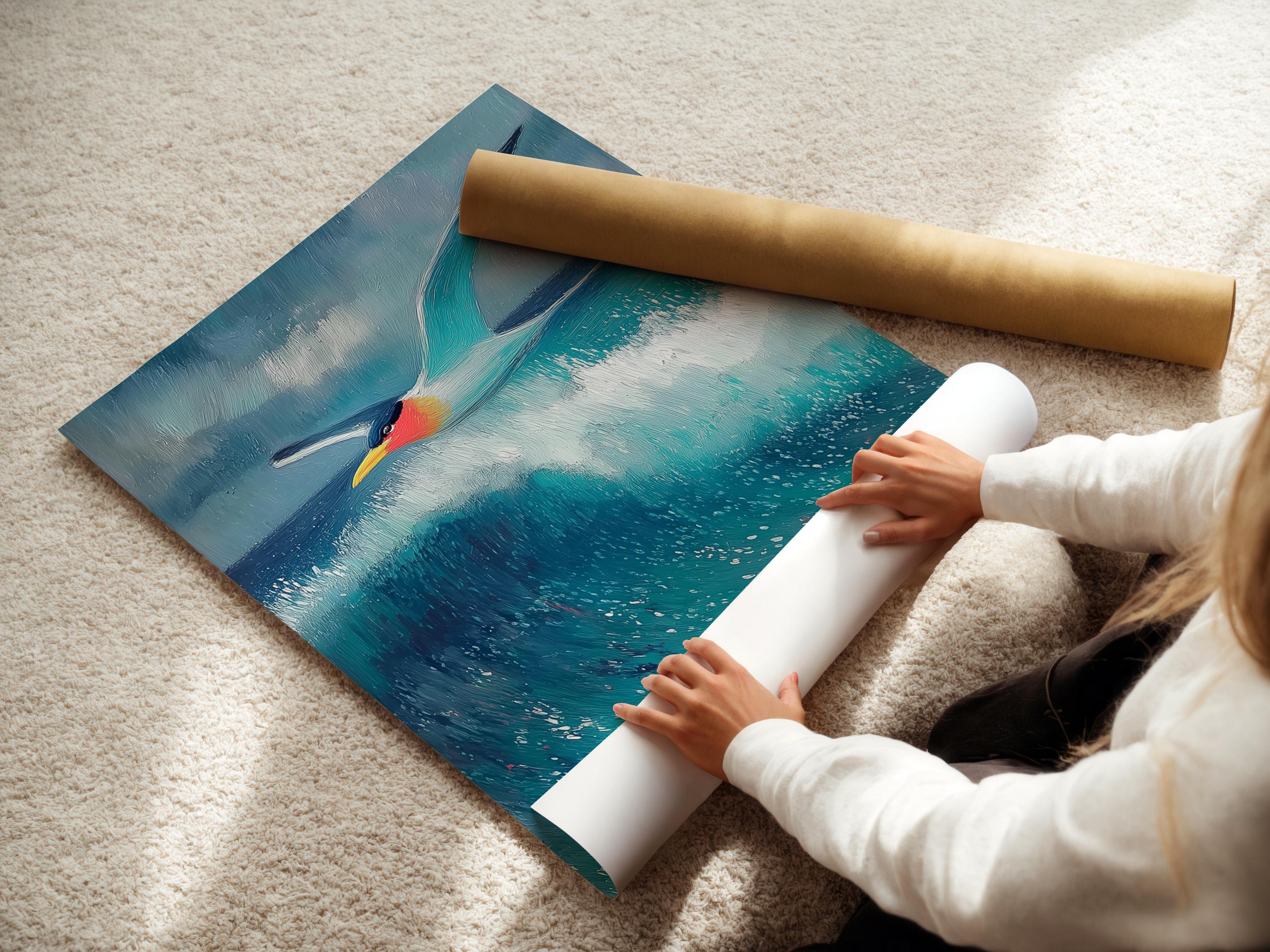Seagull flying over blue and turquoise waves with foamy white highlights detail view