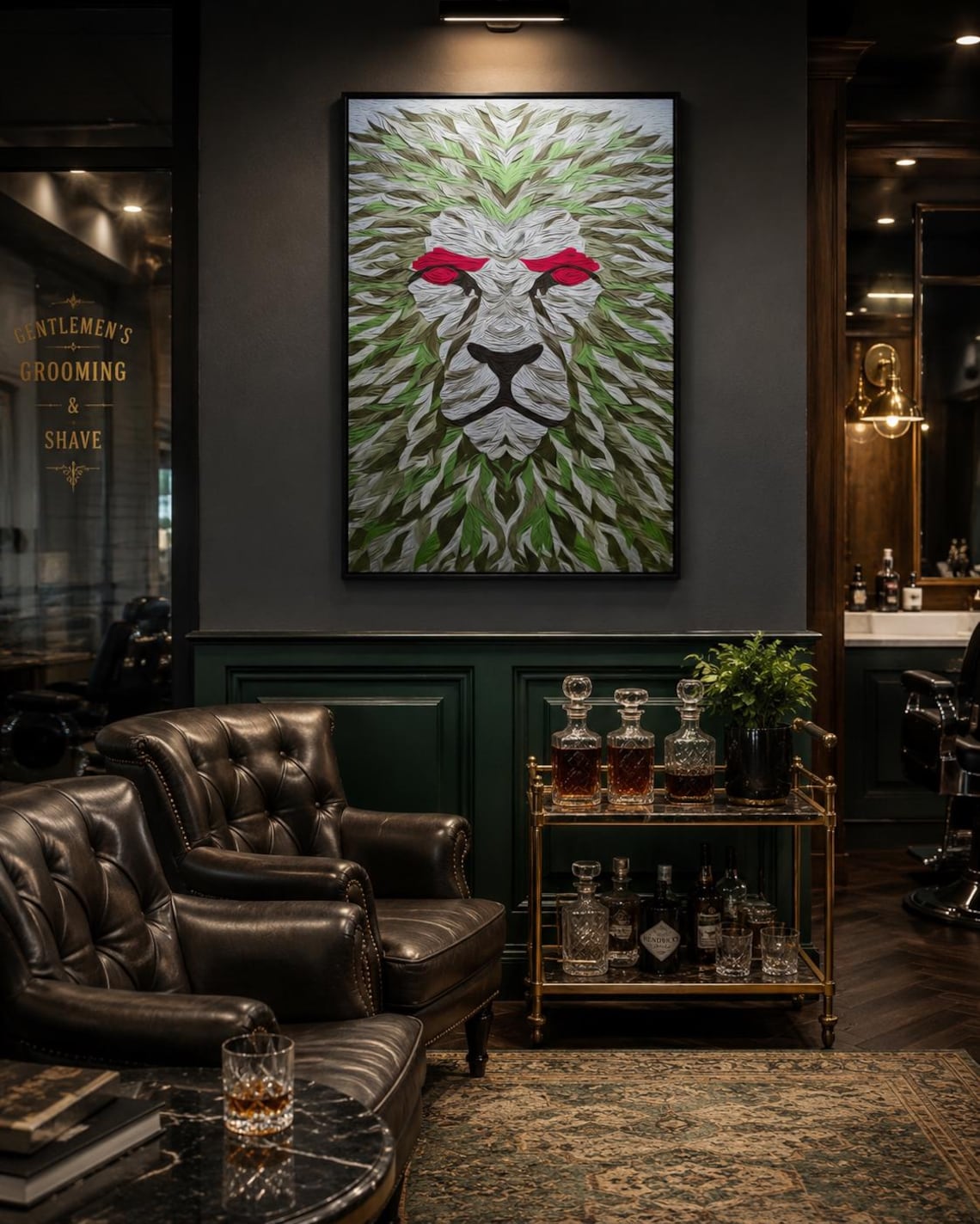 Room mockup showing a large lion artwork with green leaf pattern and red eyes above a bed