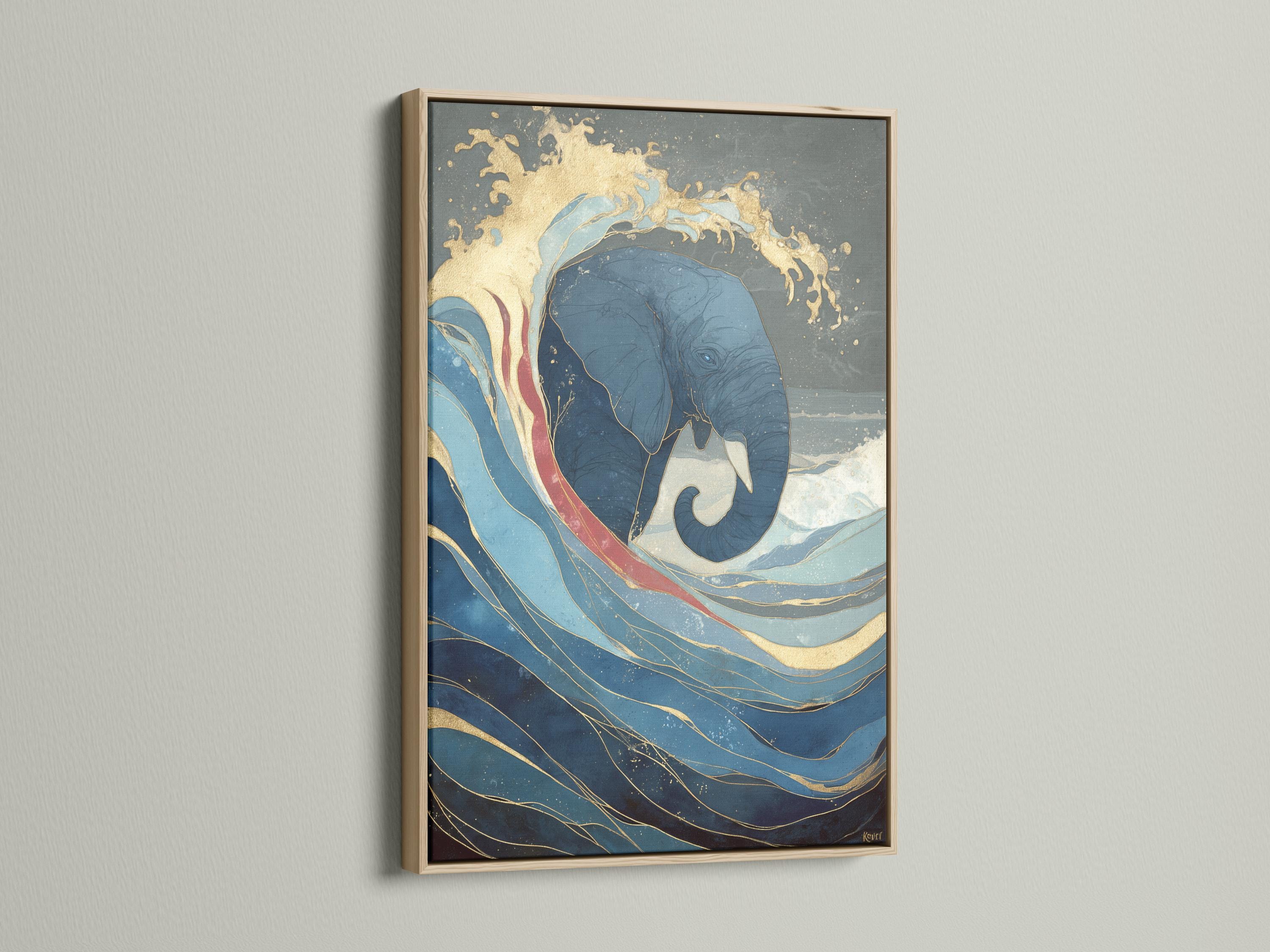 Blue and gold elephant emerging from ocean waves artwork detail view