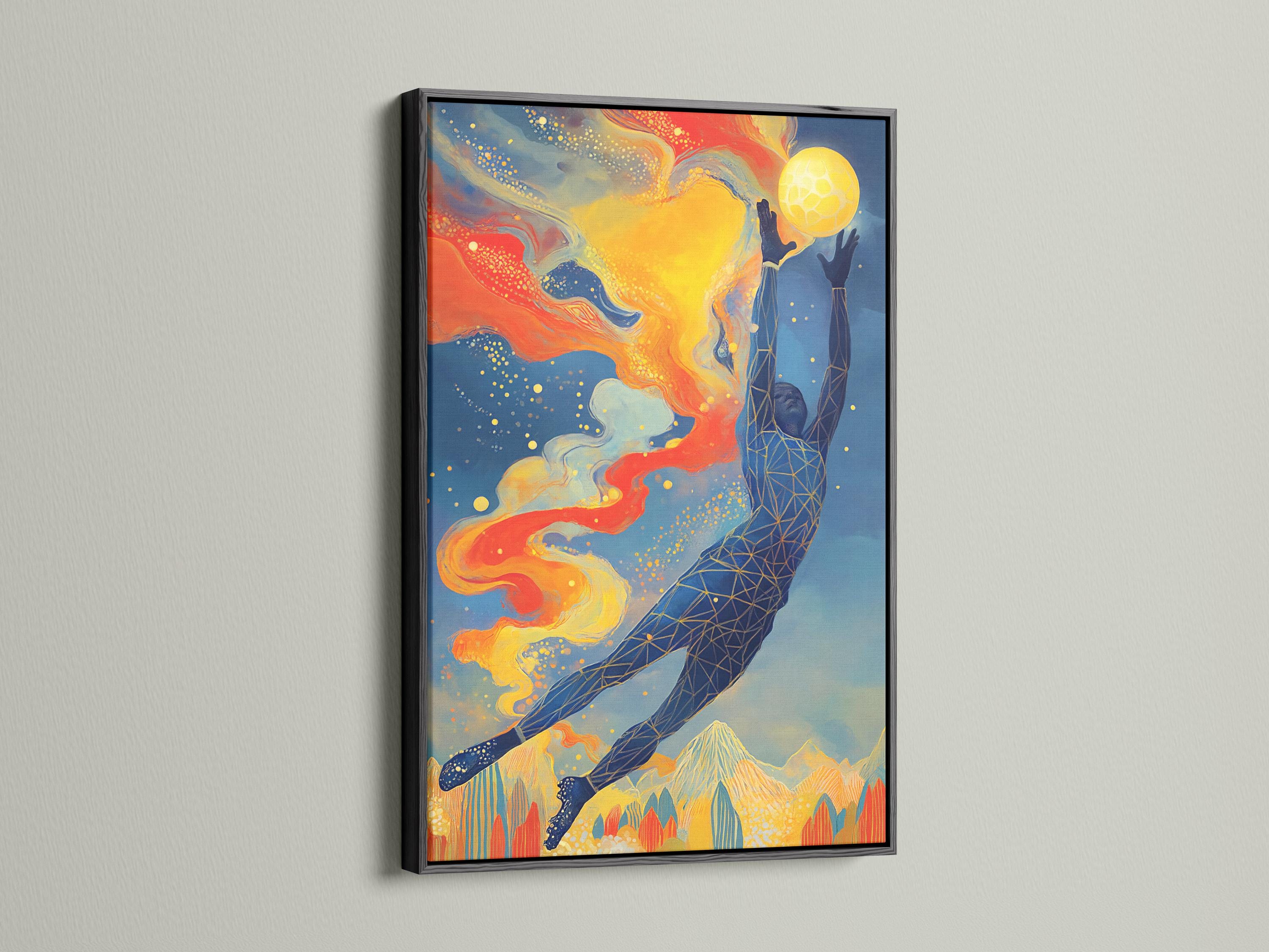 Abstract sports figure reaching upward beside a glowing yellow sun, in blue, orange and gold with speckled dots detail view