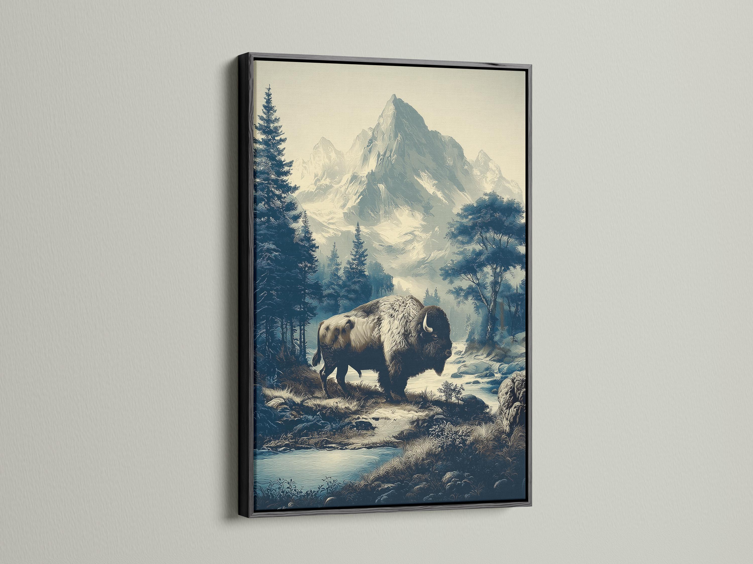 Bison standing in a forest and mountain landscape with pine trees and misty peaks detail view