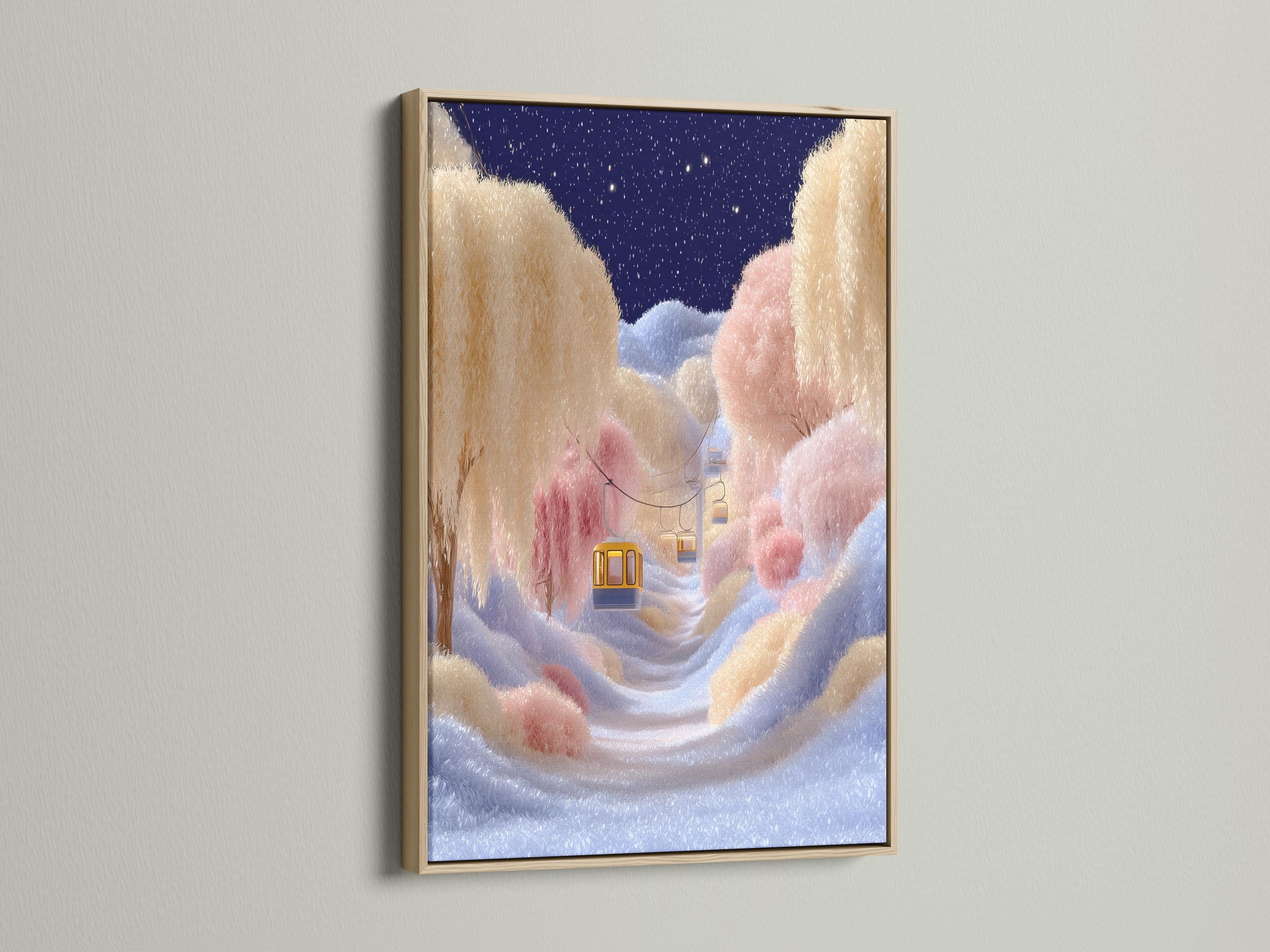 Whimsical winter landscape with a deep blue starry sky, pastel snow and warm gold gondola-like cabins detail view