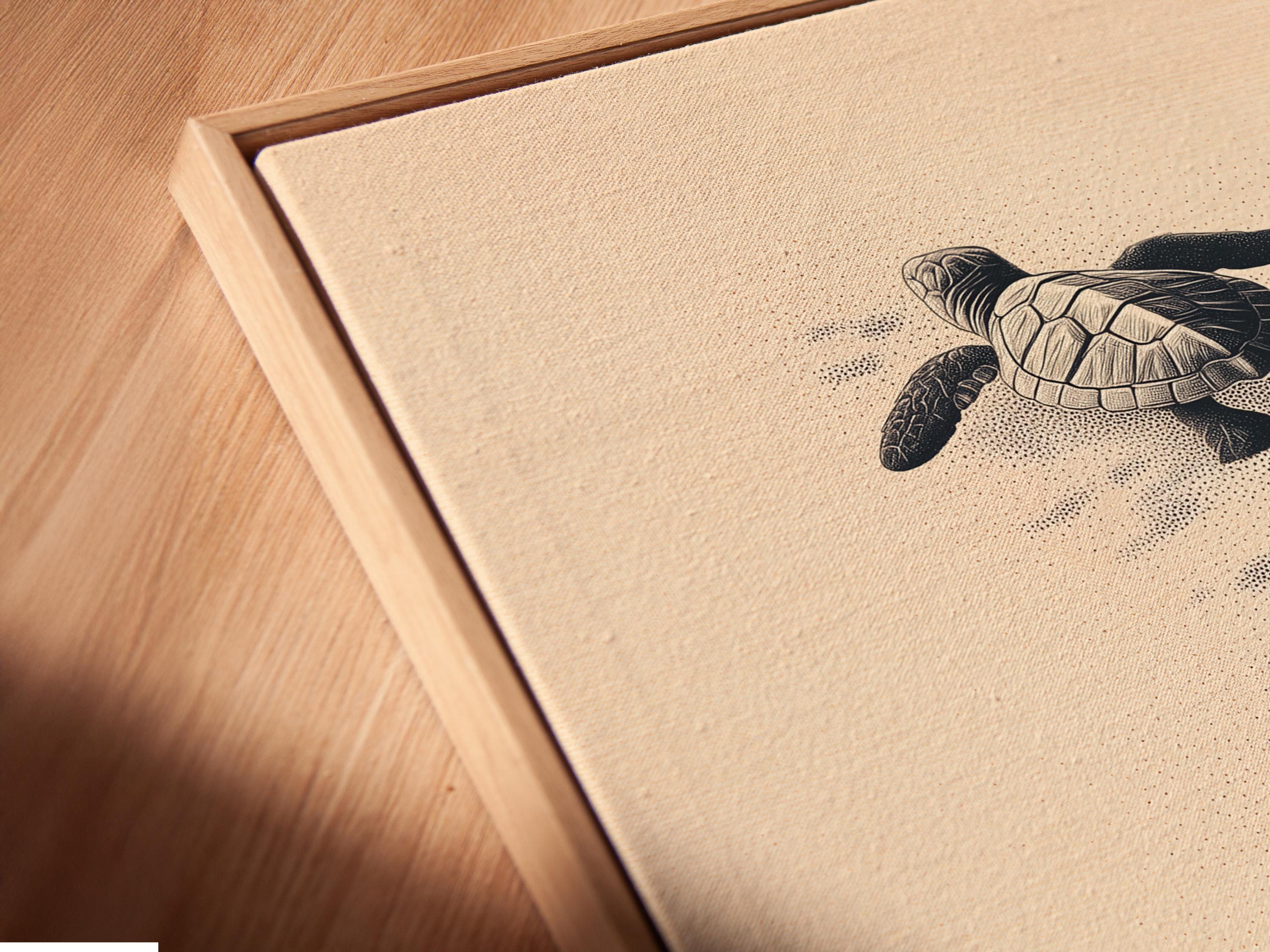 Illustrated sea turtles in charcoal tones on a warm beige background with dotted sand texture detail view