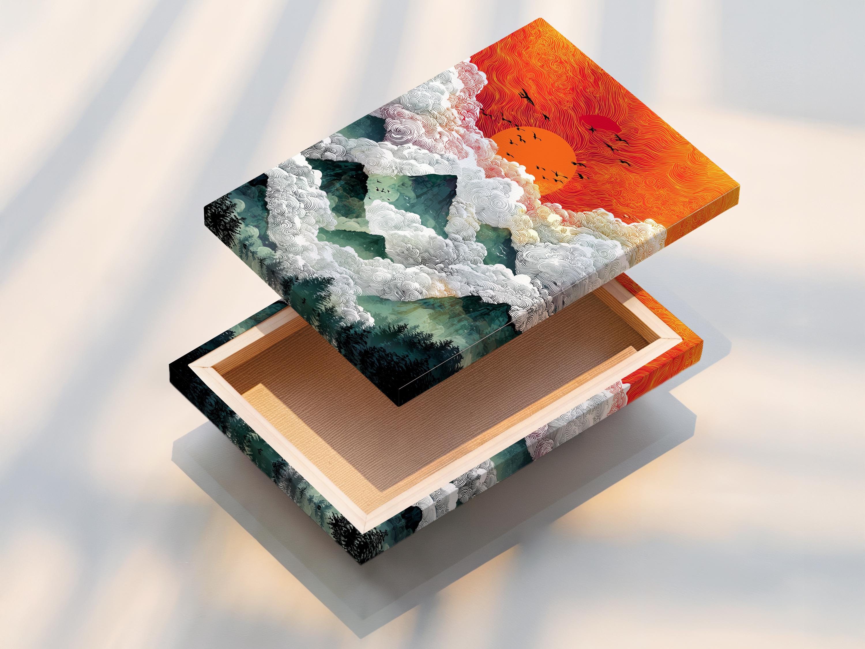 A stylised sunrise mountain scene fills the artwork, with swirling cloud lines, layered peaks, and small black bird silhouettes across a warm orange
