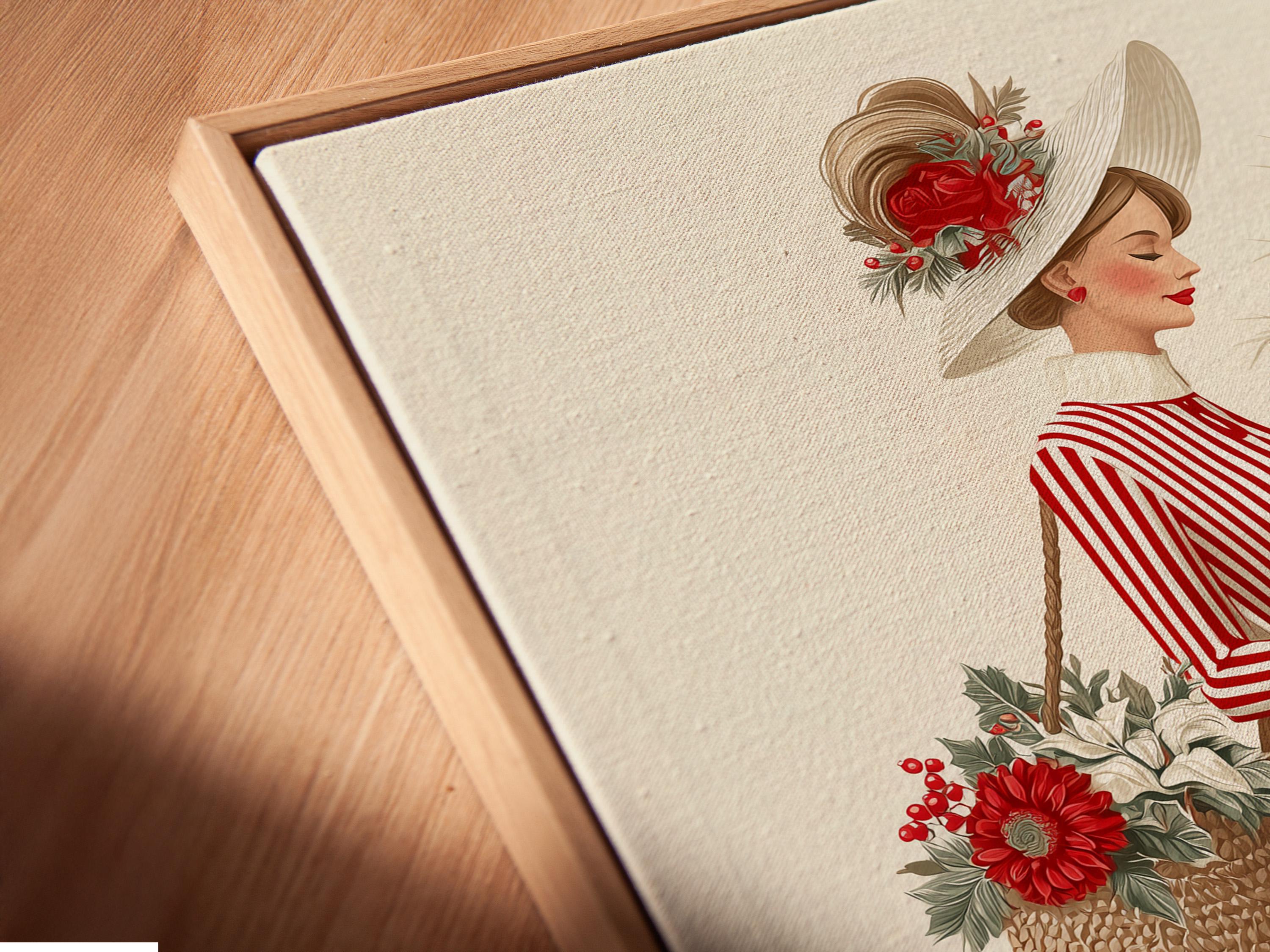 Vintage lady illustration in a red striped dress with a floral hat beside a vase of red flowers detail view