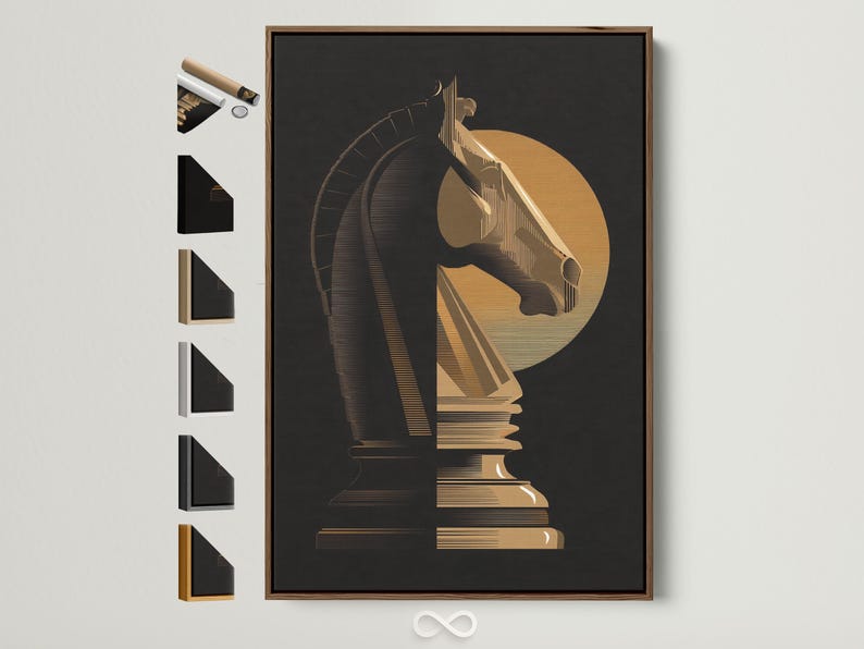 Black and gold chess knight design with curved striped bands