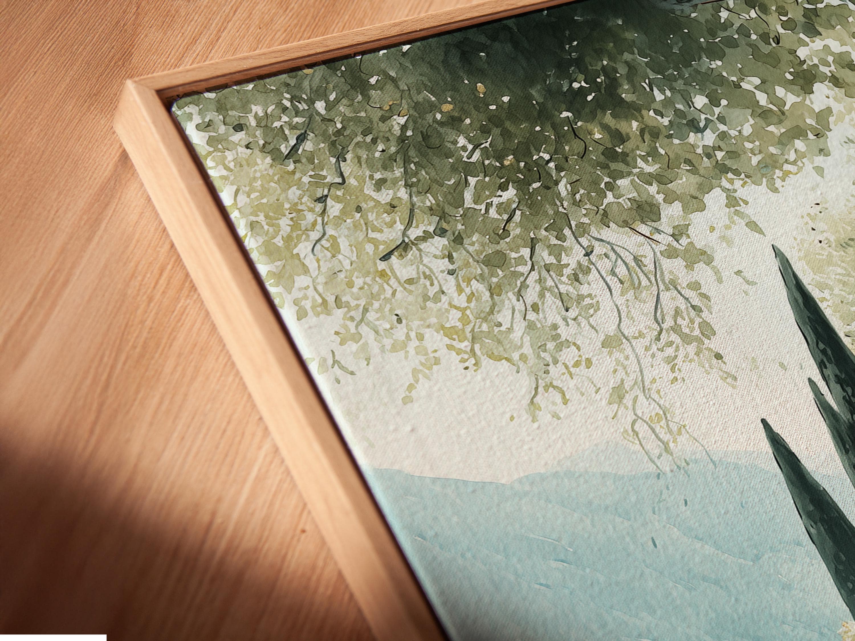 Painterly lakeside village scene with blue water, pastel houses, leafy trees and a light-blue vintage car detail view