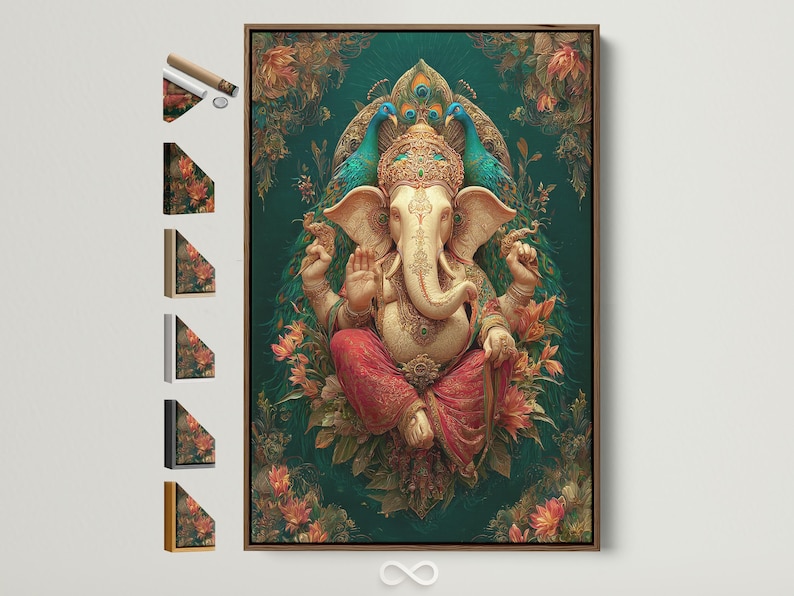 A richly coloured elephant-headed deity figure sits front-facing, surrounded by ornate floral vines on a deep green patterned background