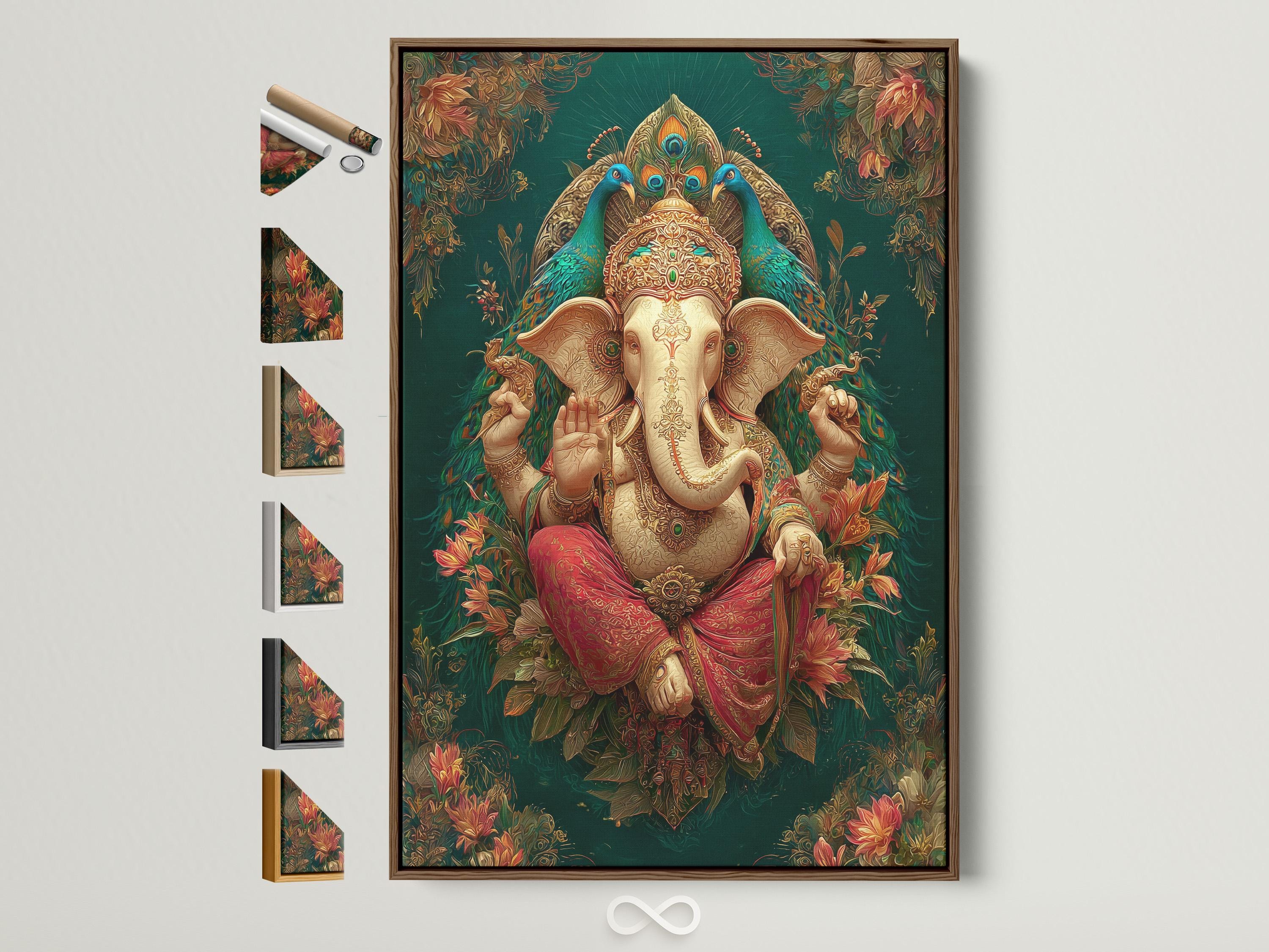 A richly coloured elephant-headed deity figure sits front-facing, surrounded by ornate floral vines on a deep green patterned background