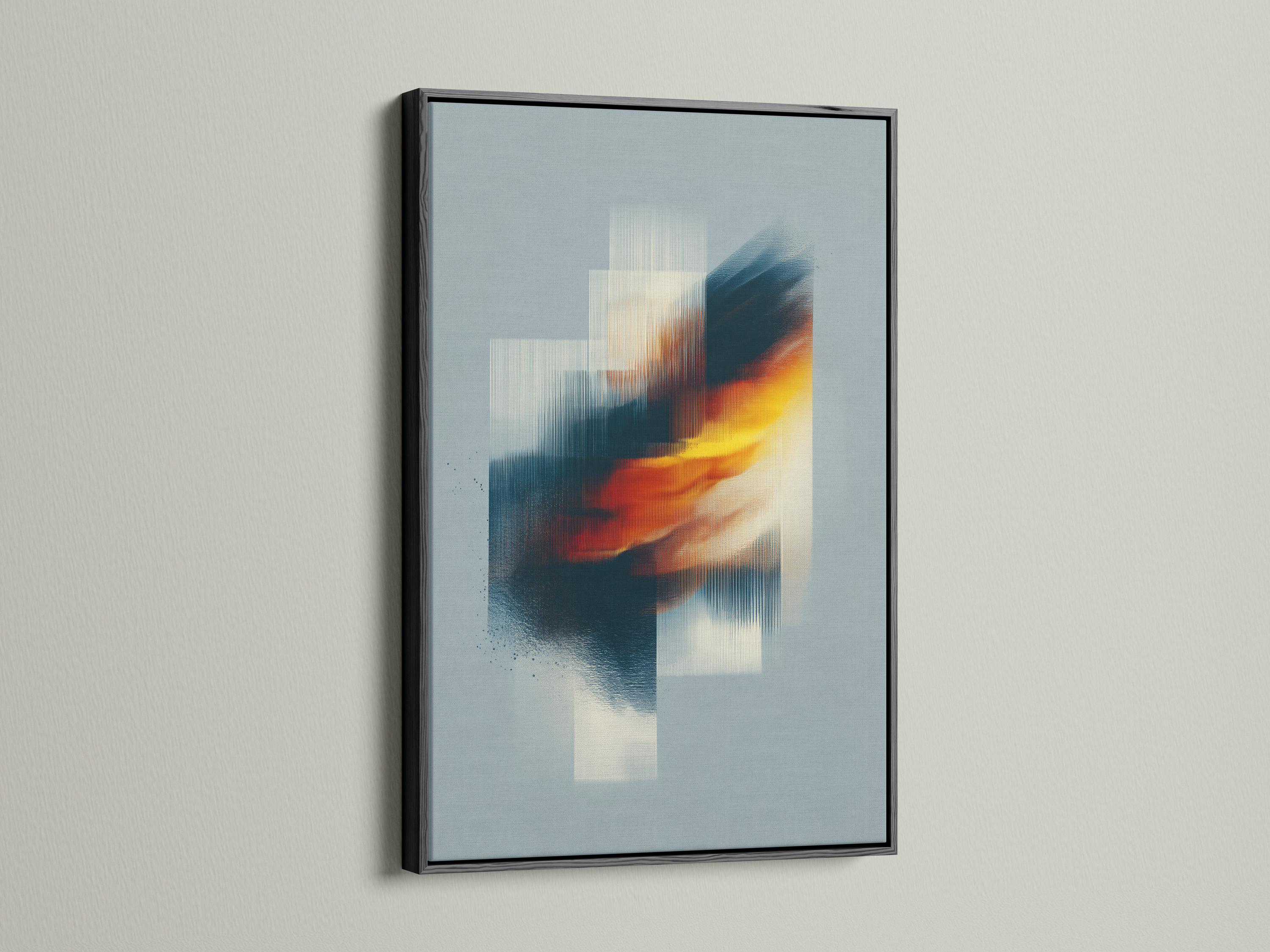 Abstract geometric wall art with layered blue rectangles and warm gold diagonal accents detail view