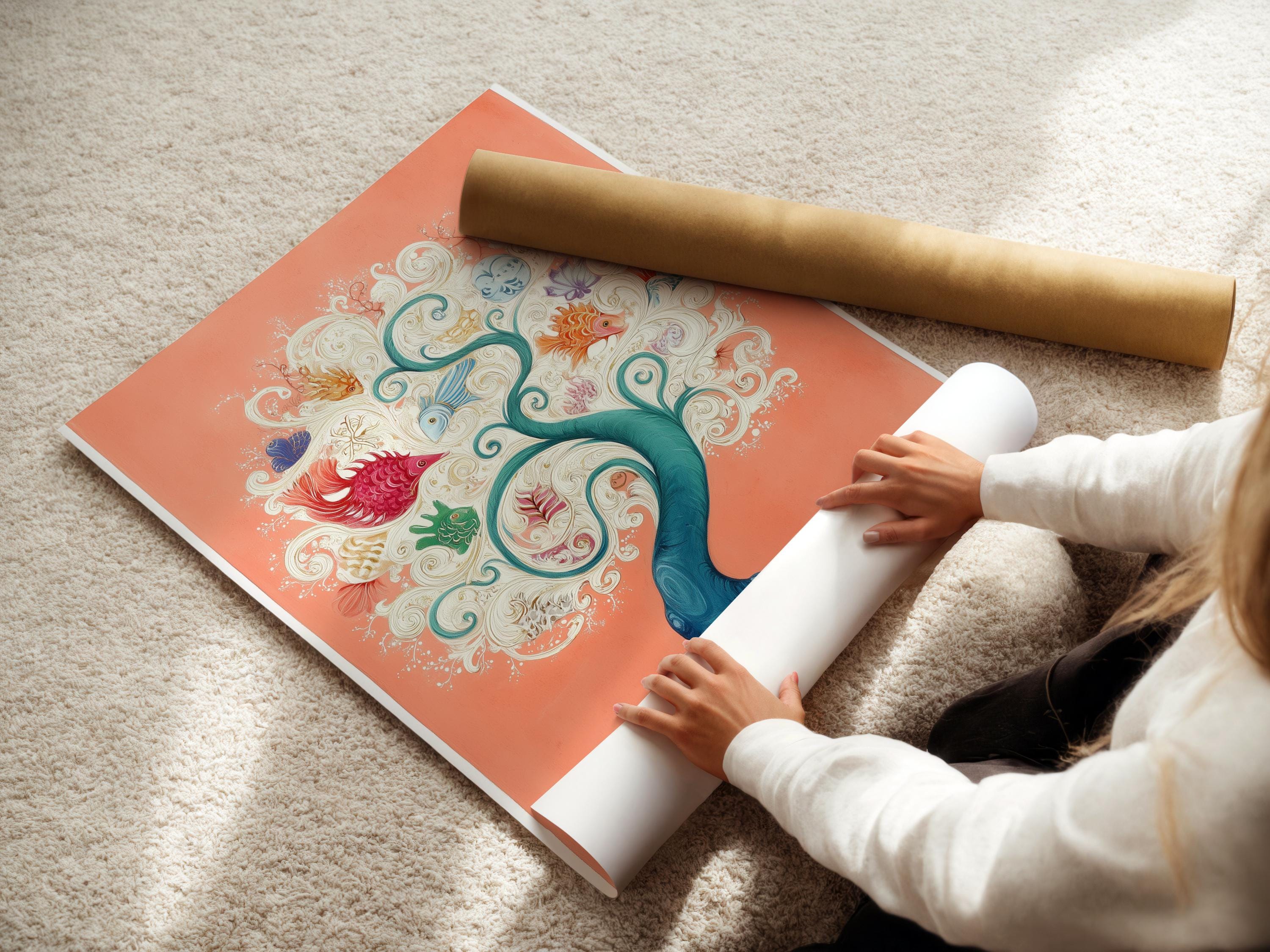 Peach fantasy coral tree with teal ocean waves and illustrated fish, shells and swirls detail view