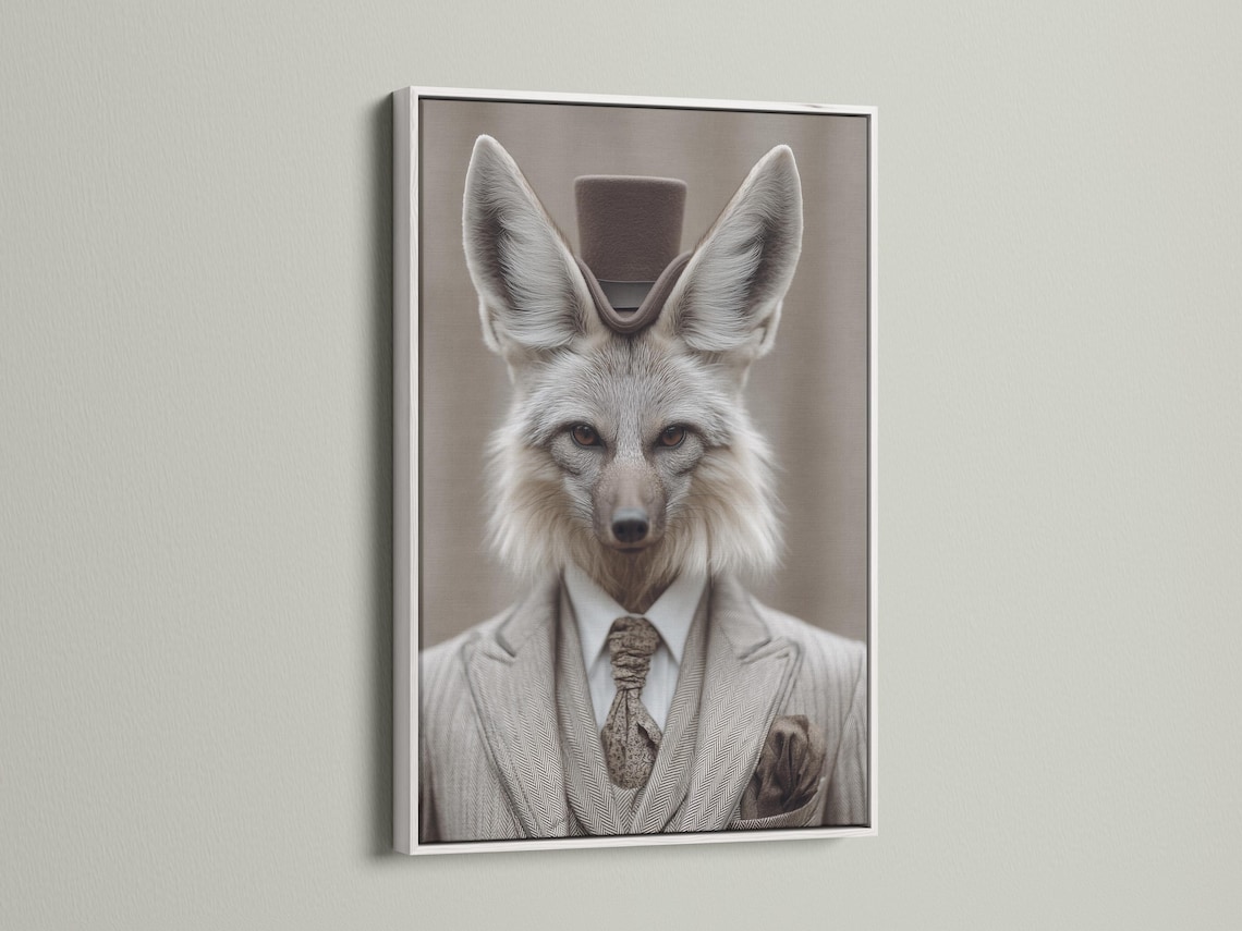 Portrait of a grey fox dressed as a gentleman with upright ears, suit collar and bow tie detail view