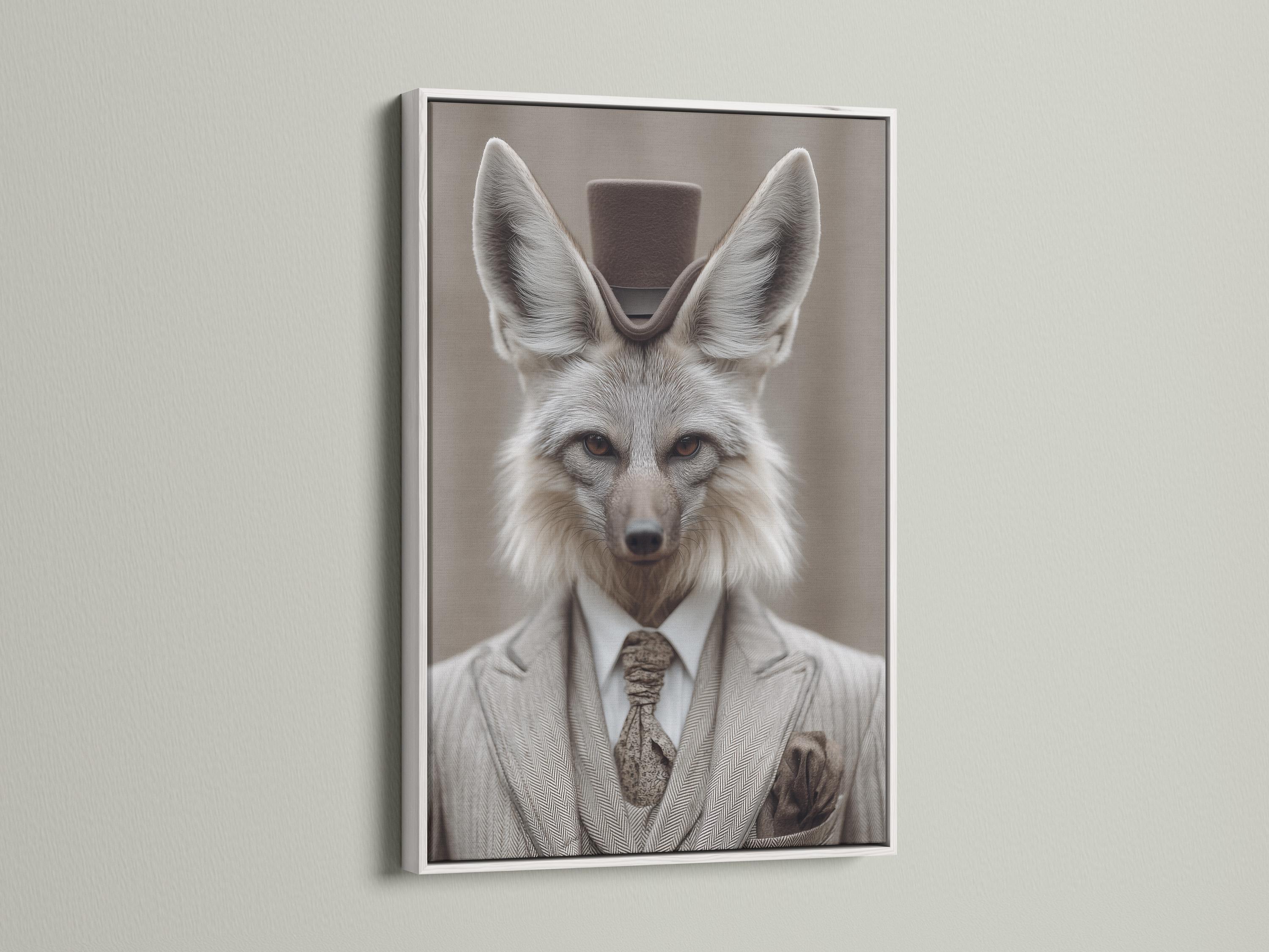 Portrait of a grey fox dressed as a gentleman with upright ears, suit collar and bow tie detail view