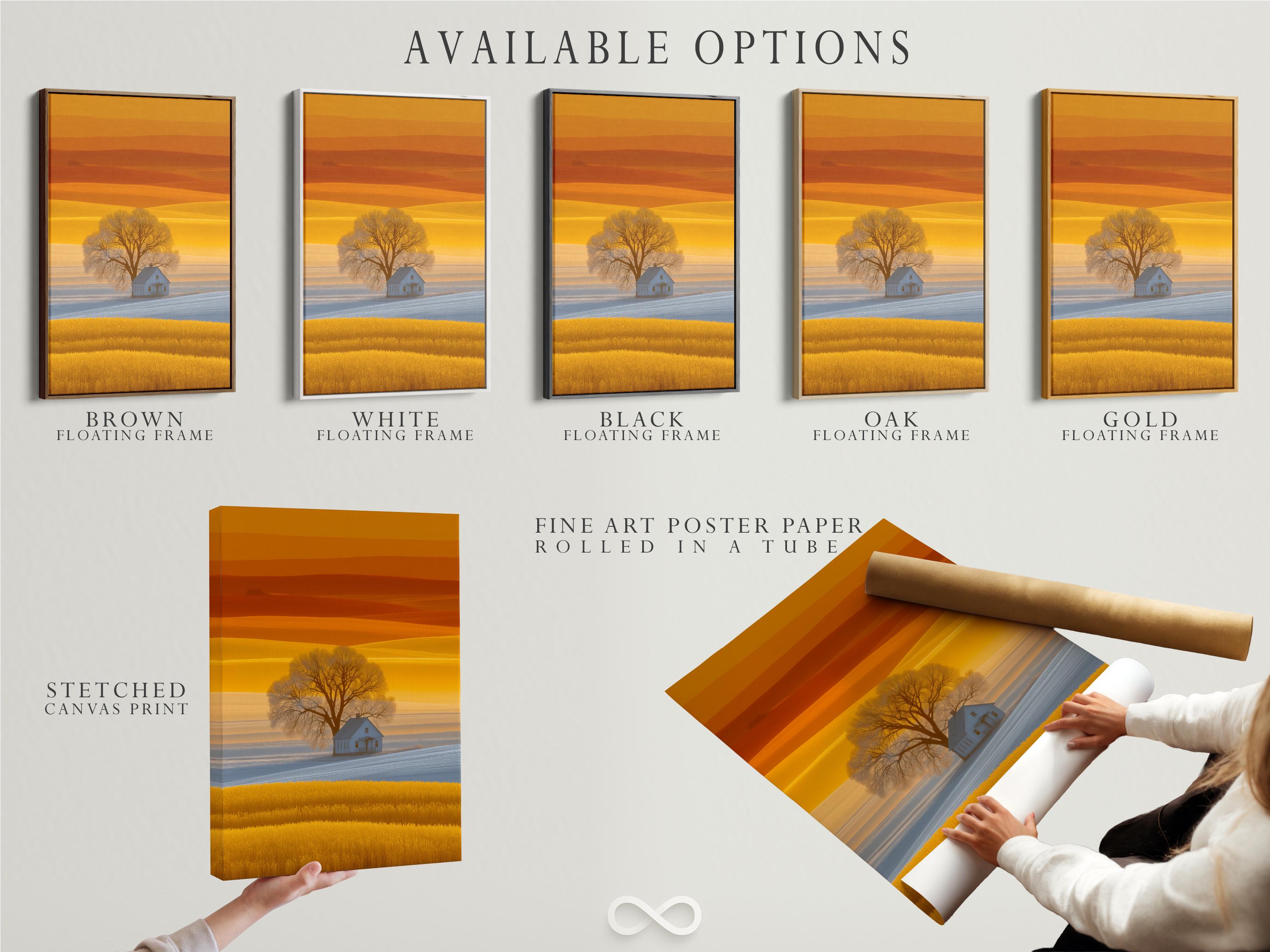 Golden sunset countryside landscape with a leafless tree and a small farmhouse detail view