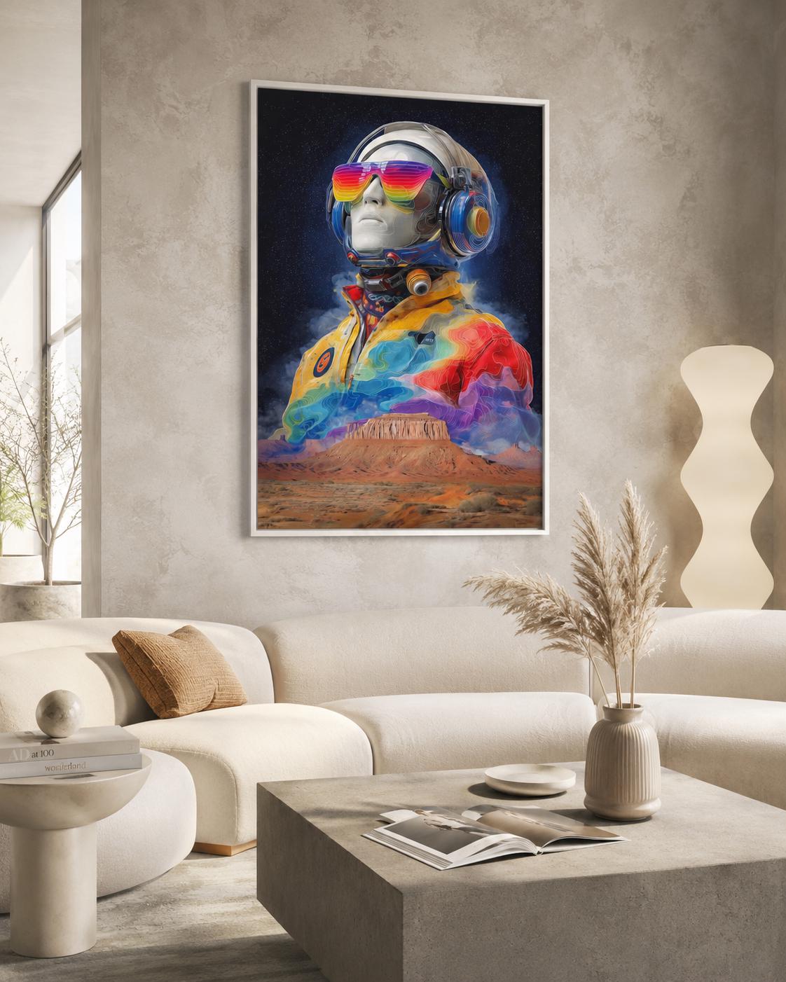 Futuristic astronaut standing in a desert under a dark starry sky with rainbow colours on the helmet and suit detail view