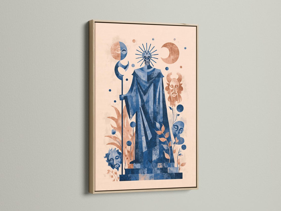 Celestial blue and sage figure with sunburst halo, crescent moons and botanical leaves detail view