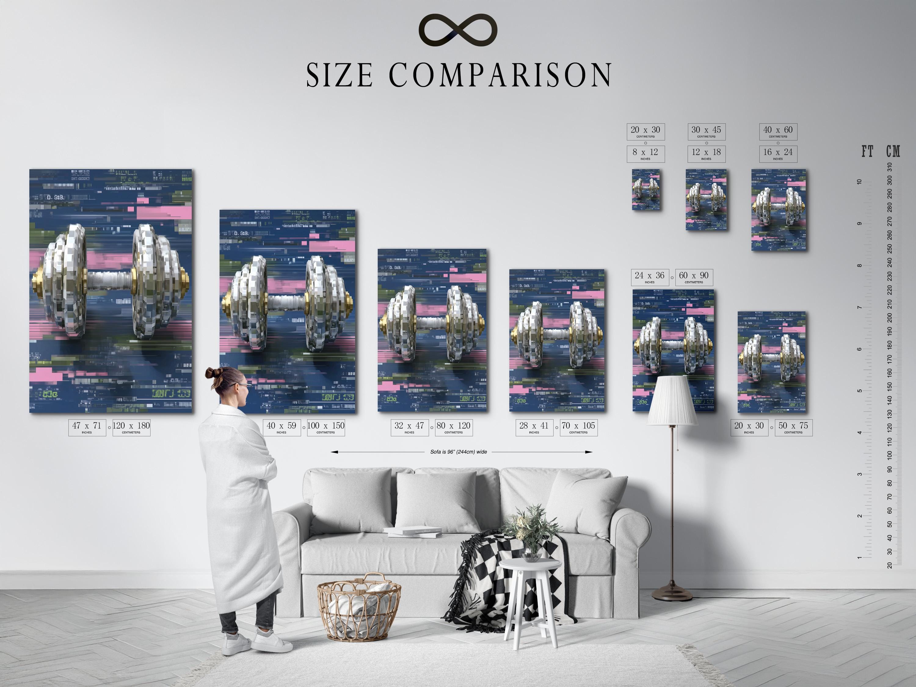 Room mockup showing framed glitch-style dumbbell artwork on a light wall