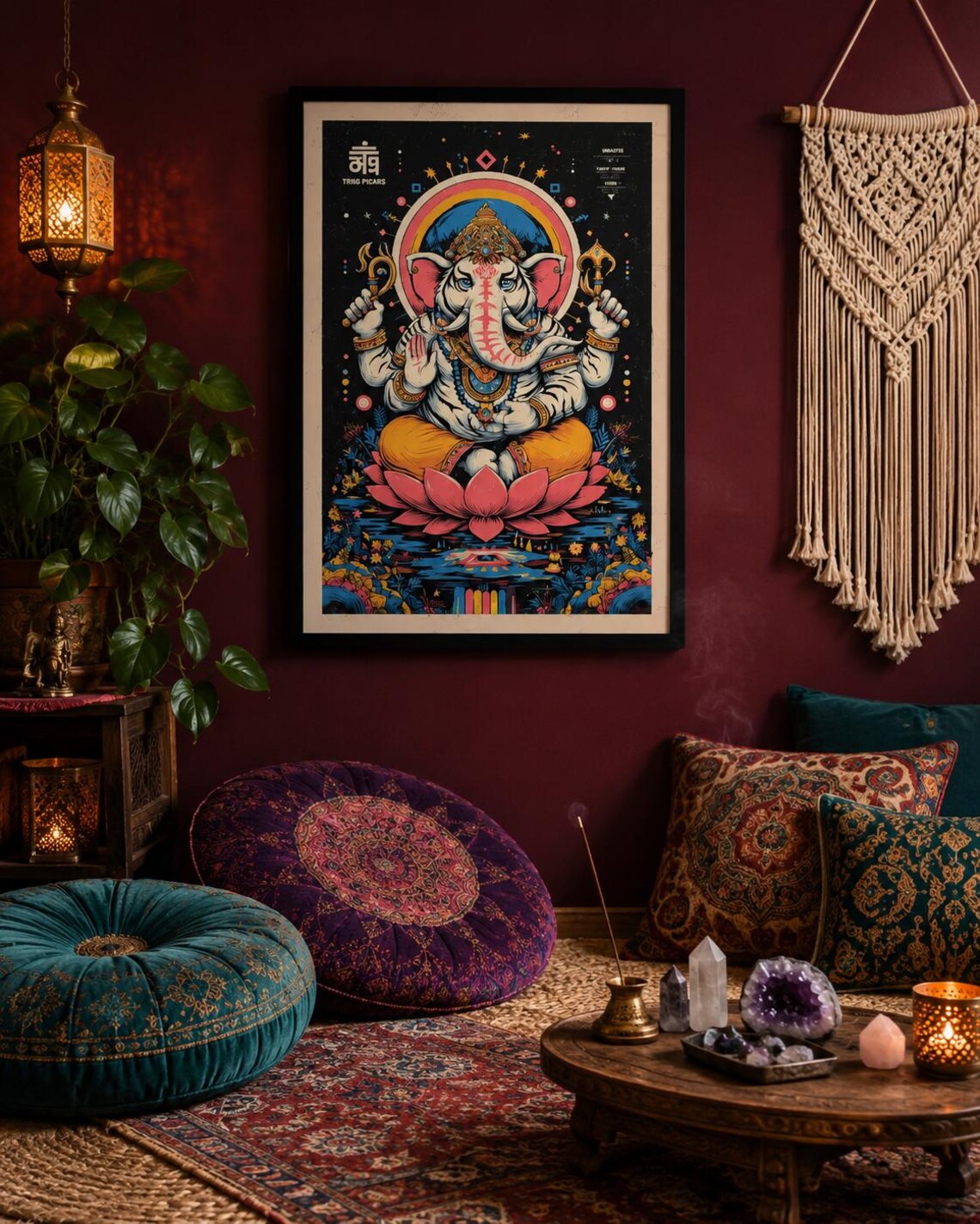 Colourful elephant-headed deity seated above a pink lotus on a dark starry background detail view