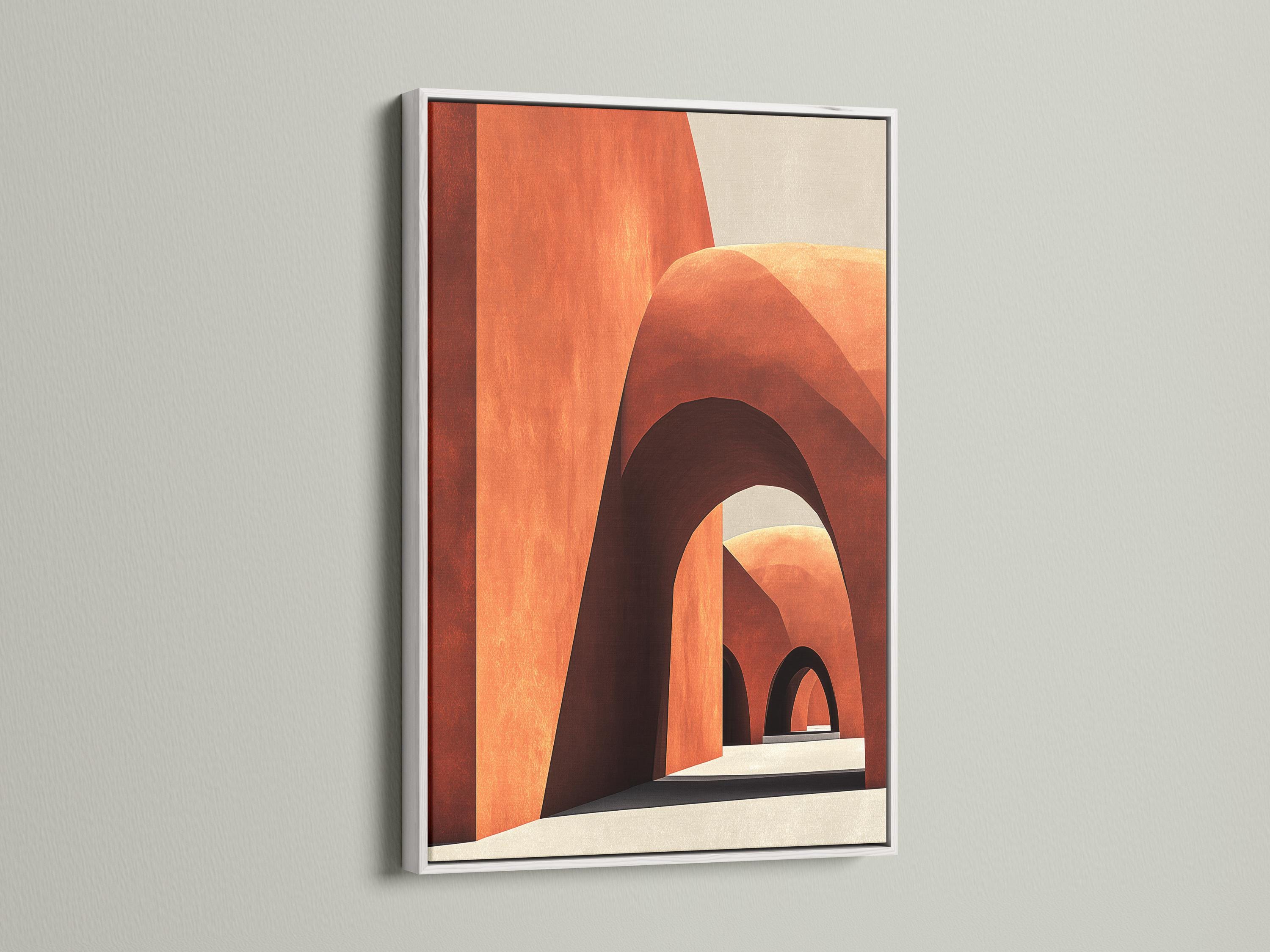 Abstract geometric archway artwork in terracotta, cream and dark outlines detail view