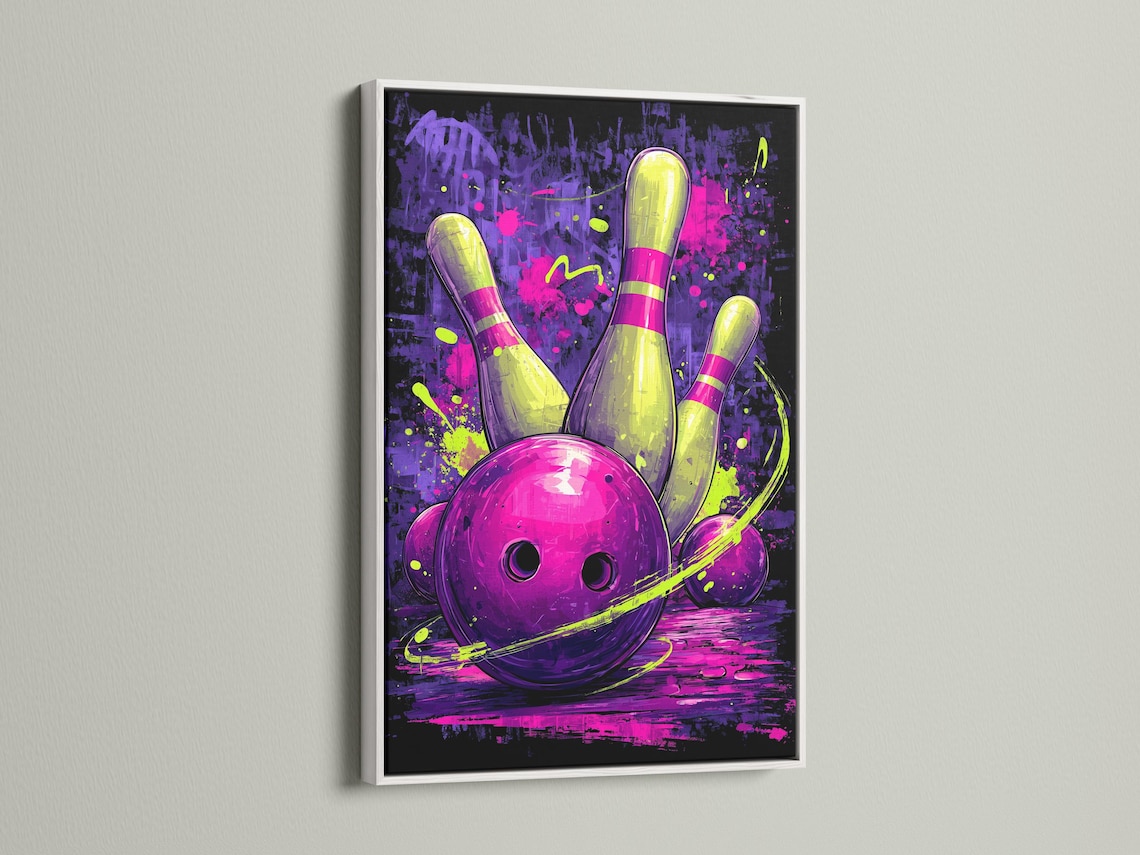Neon purple and pink bowling pins and ball with yellow-green splatters detail view