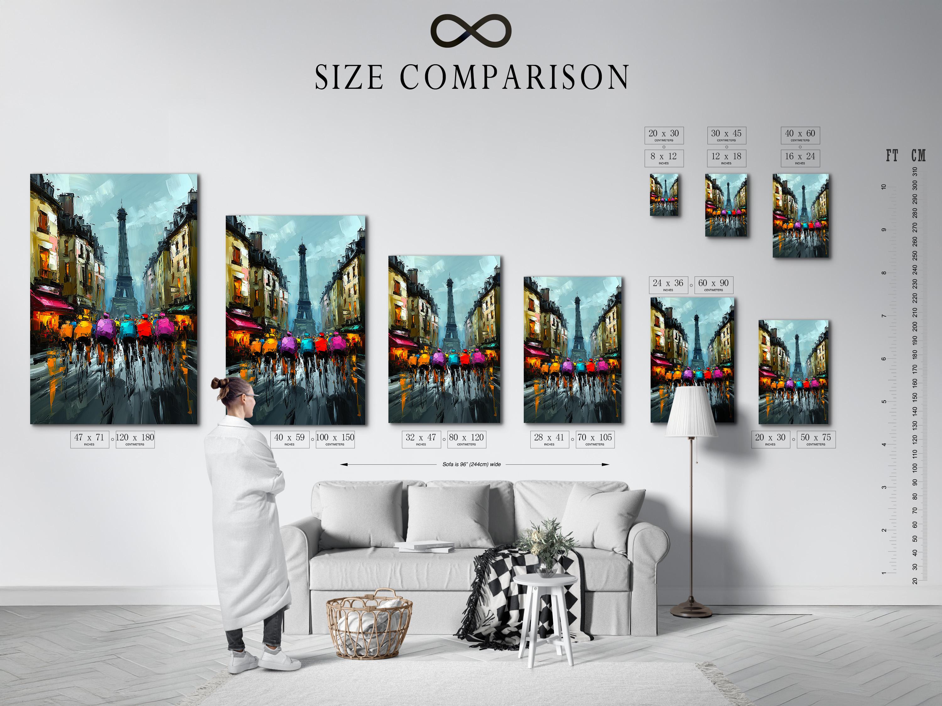 Wall mockup showing a framed Paris tower cityscape artwork with blue and pink colours