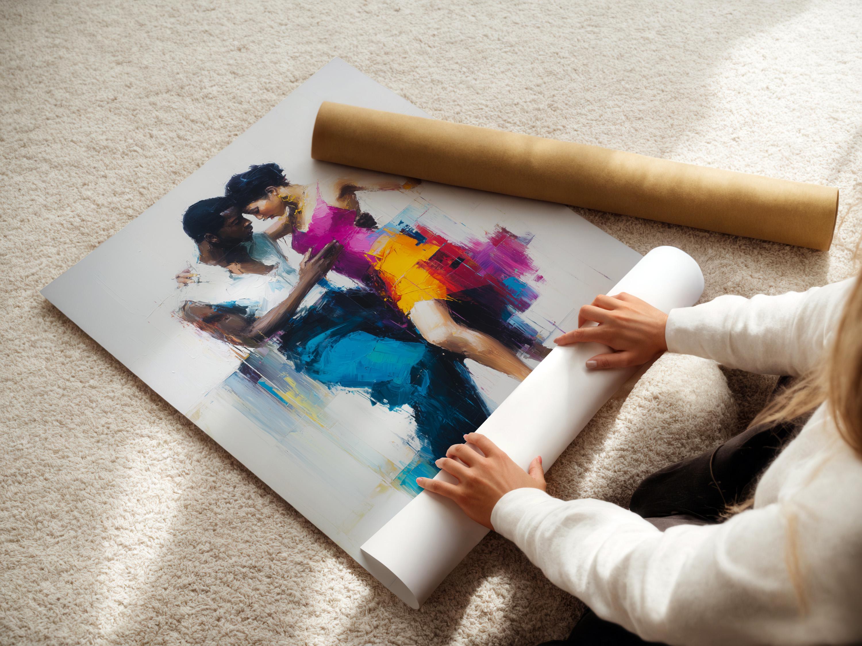 Abstract painterly dancing couple in hot pink and blue tones on a light background detail view