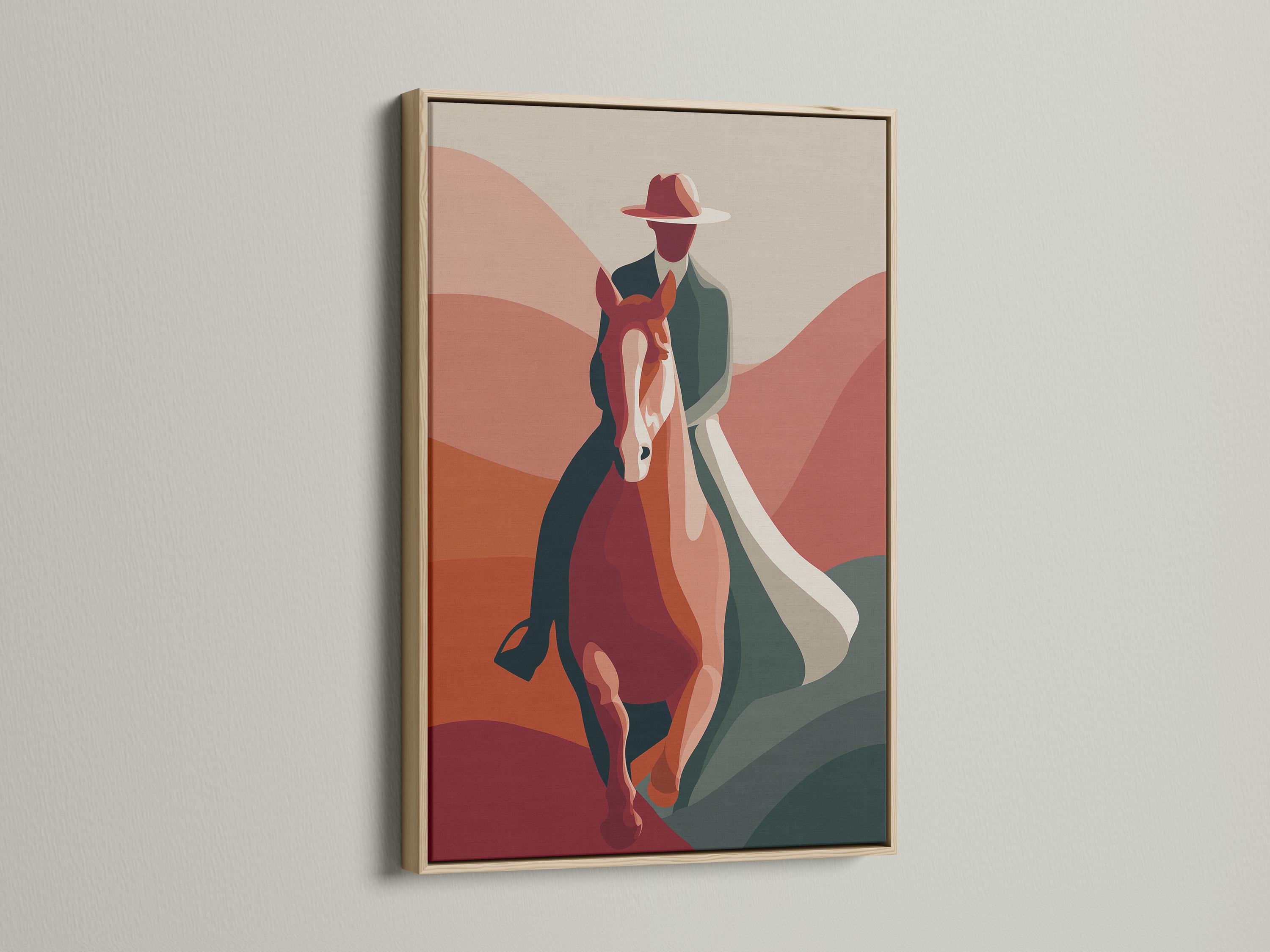 Mockup of a framed artwork showing a cowboy riding a rearing horse against terracotta hills
