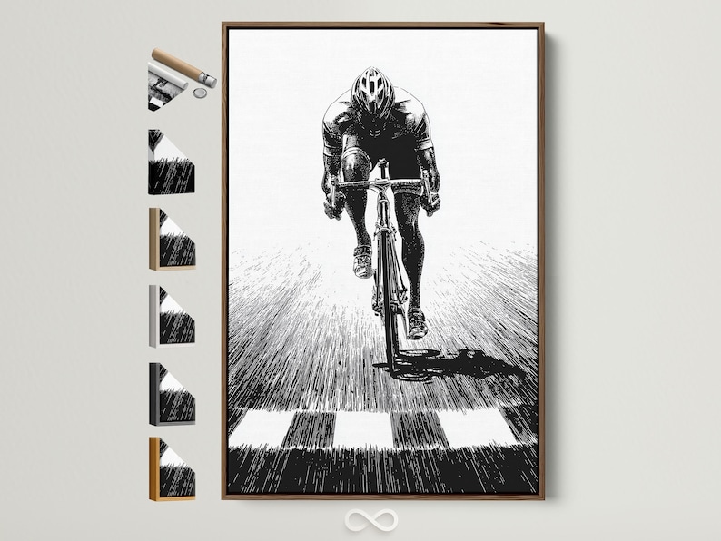Monochrome illustration of a cyclist on a road bike with radiating speed lines