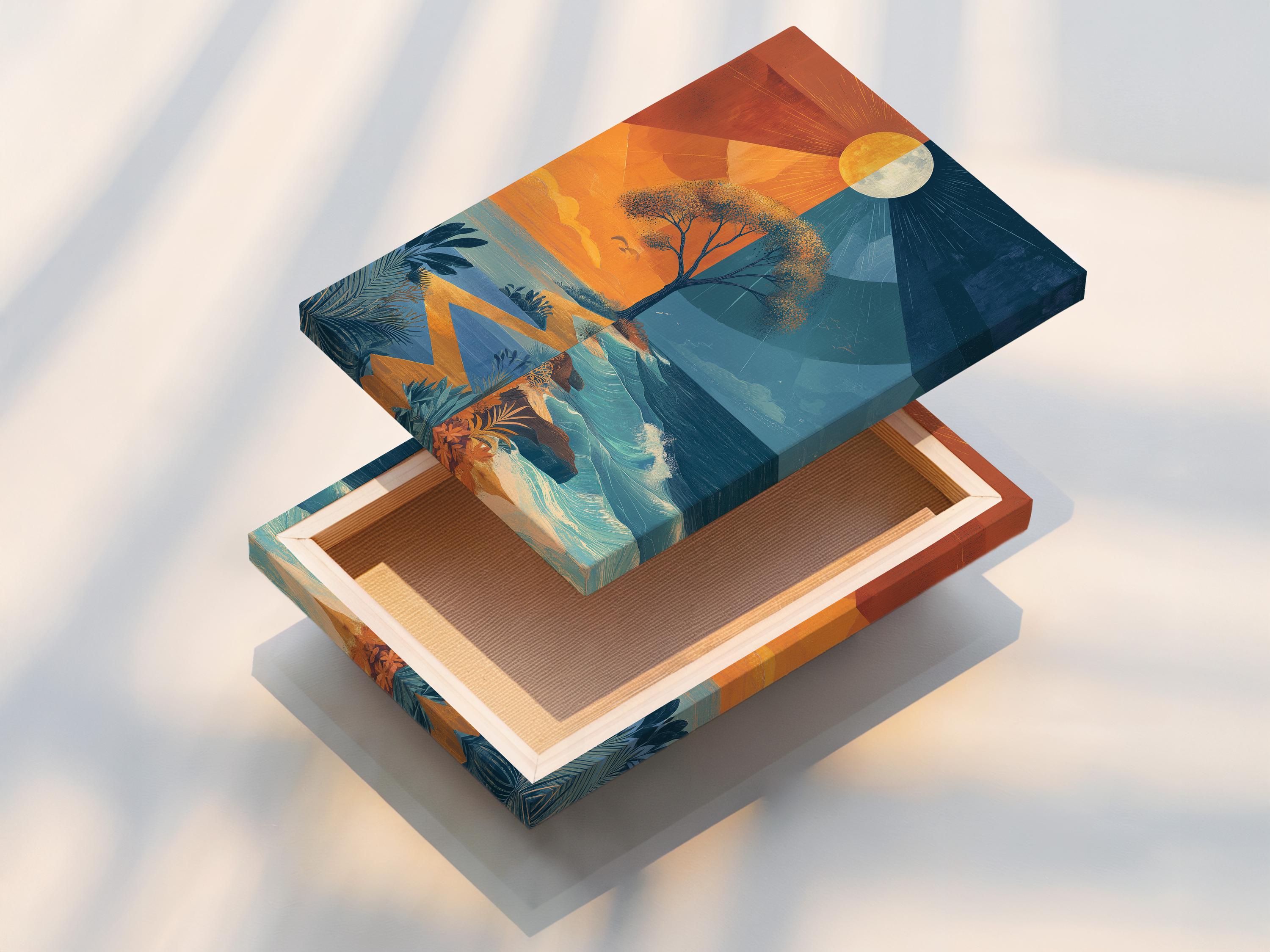 Stylised tree in a geometric split seascape with orange sky and blue ocean waves detail view
