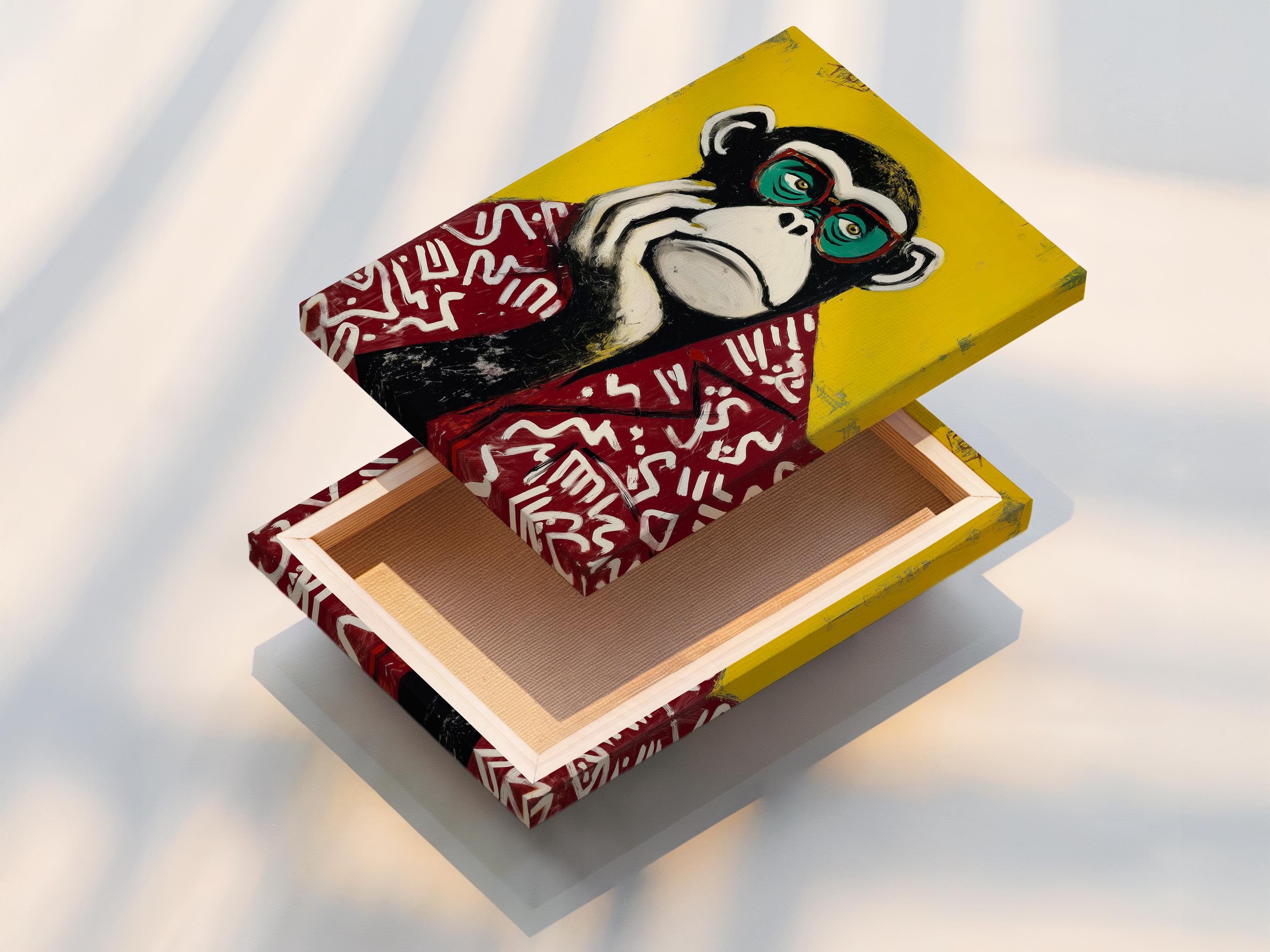 Portrait of a stylised monkey wearing oversized round glasses against a bright yellow background detail view