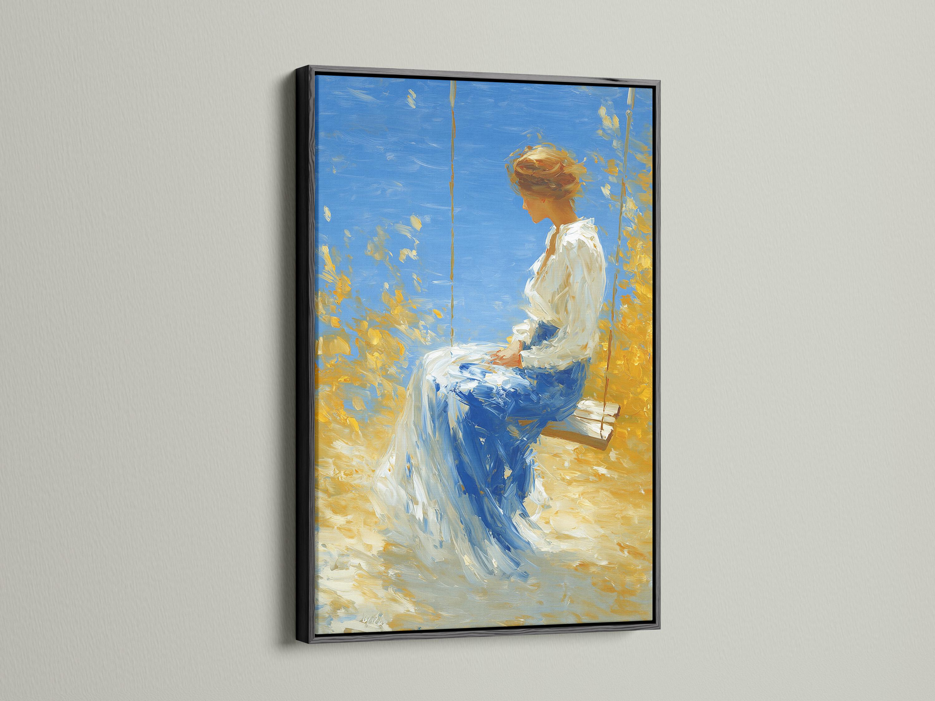 Painterly woman on a swing in blue and gold tones under a bright sky detail view