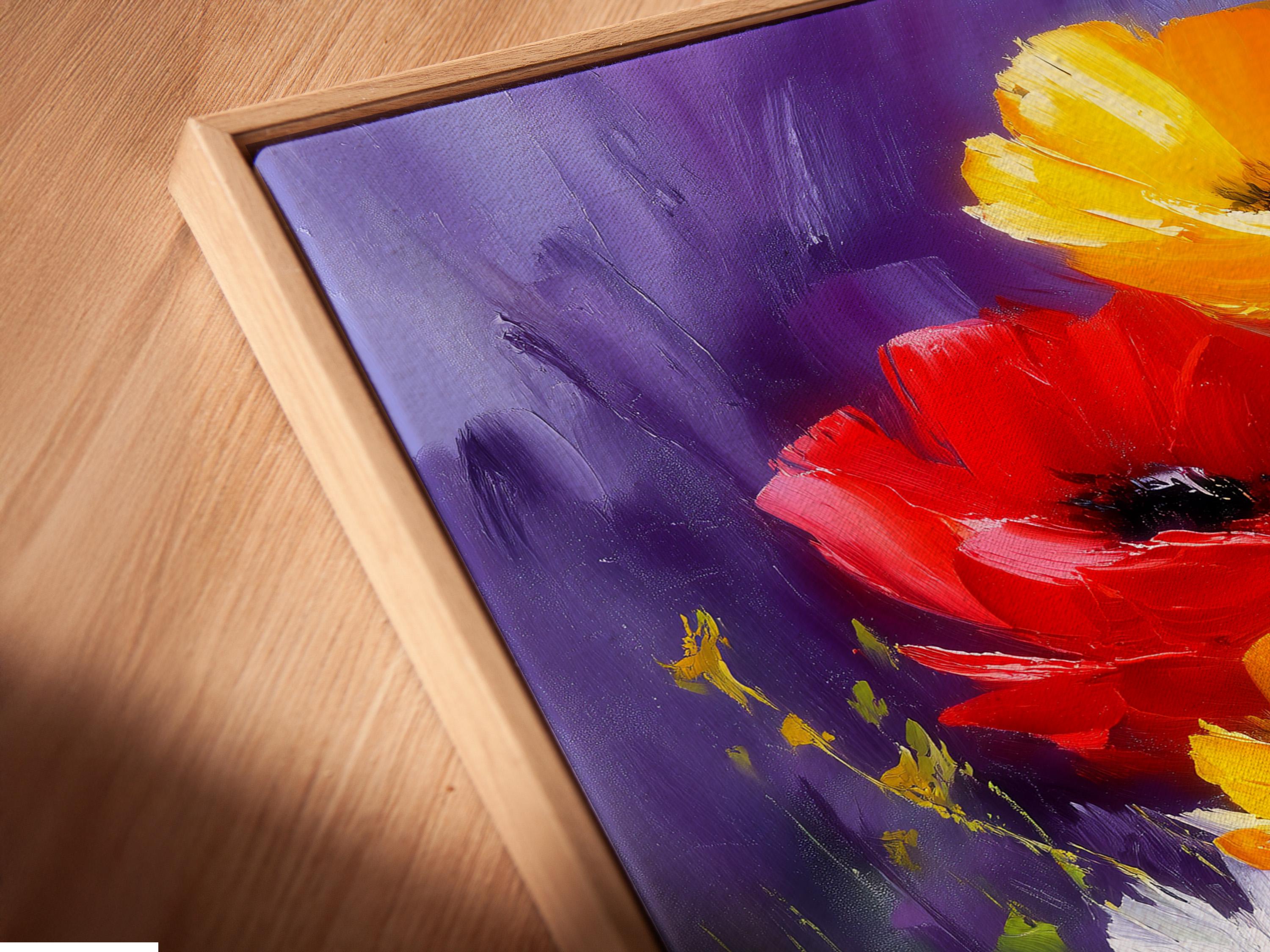 A painterly floral scene shows bold red and yellow poppy-like flowers rising from green stems against a purple background detail view