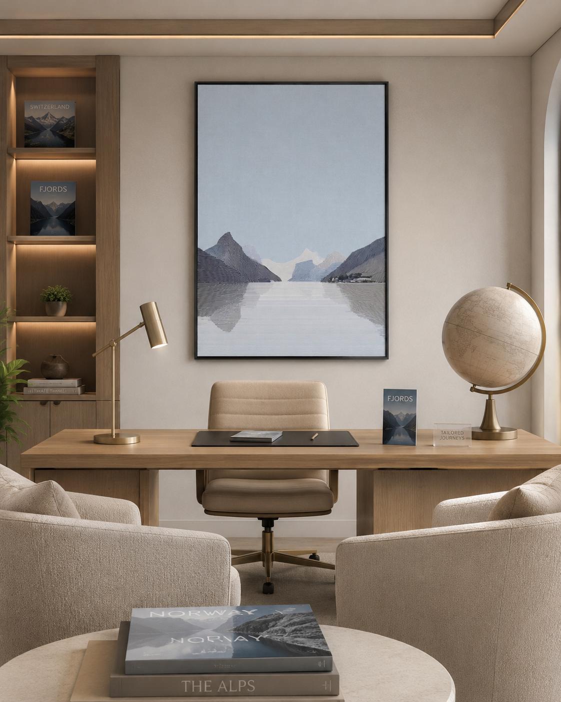 Person viewing an abstract mountain artwork in a modern room mockup