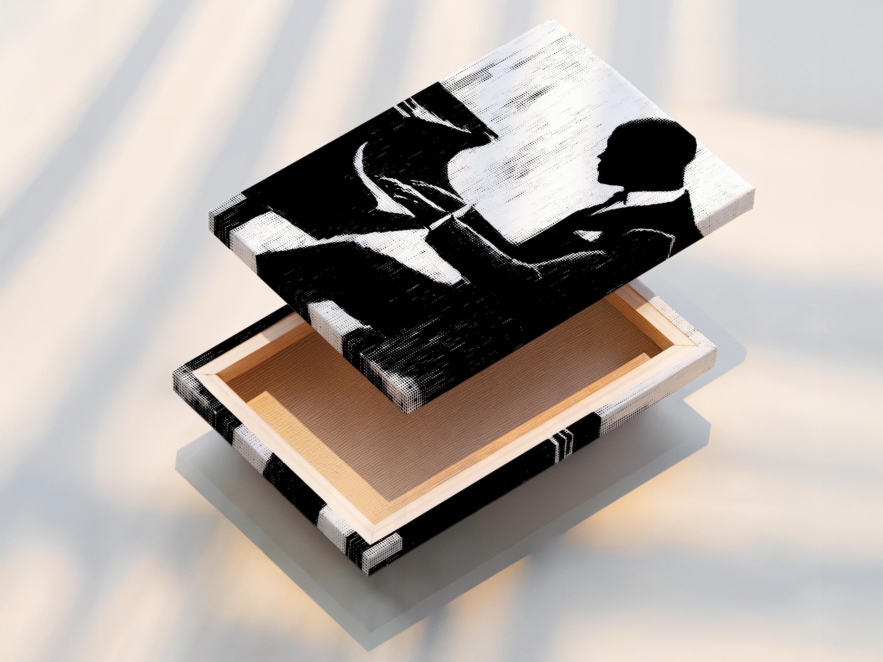 Black-and-white musician silhouette framed artwork on a wall mockup