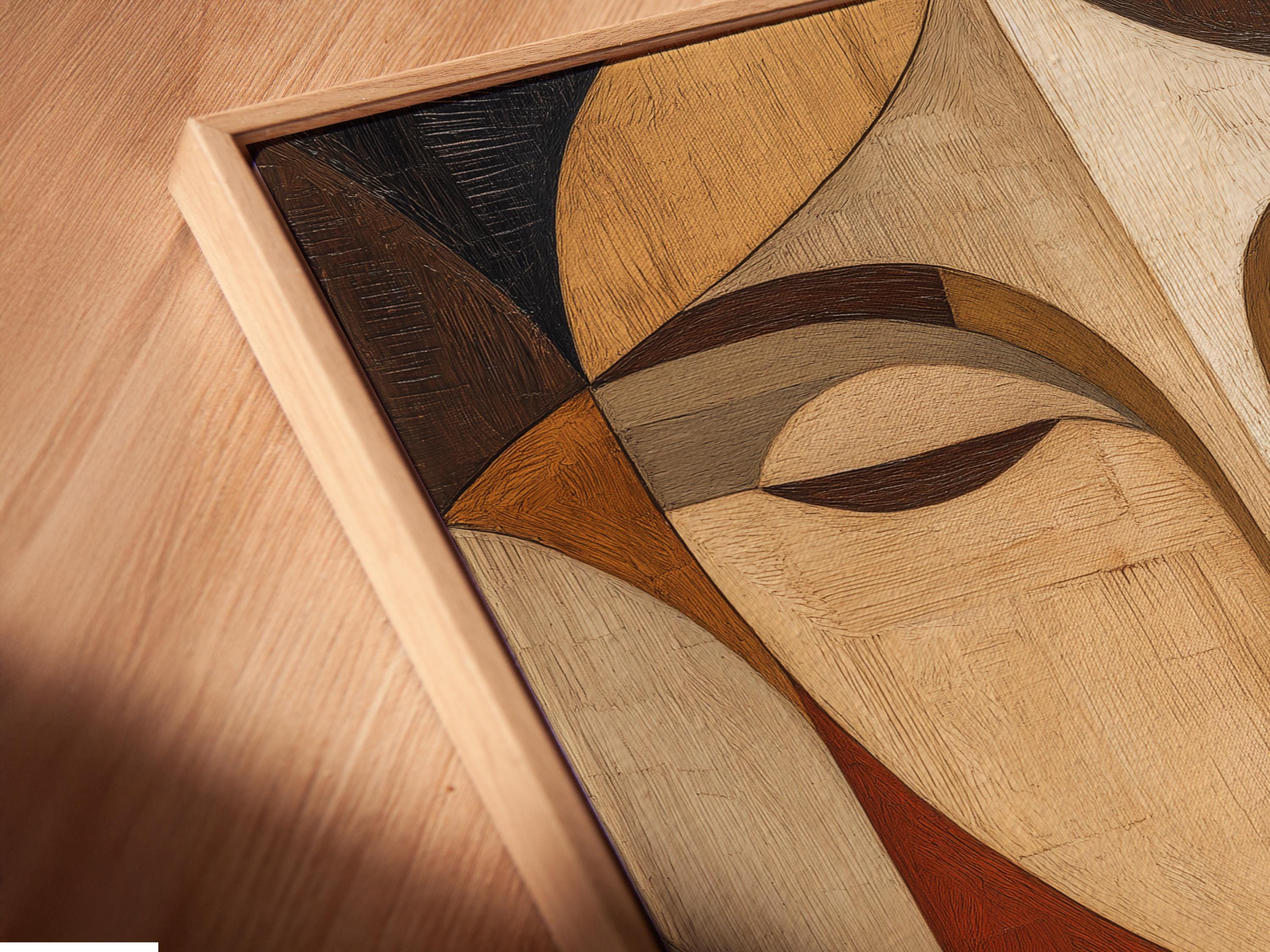 Room mockup showing abstract geometric woman portrait artwork