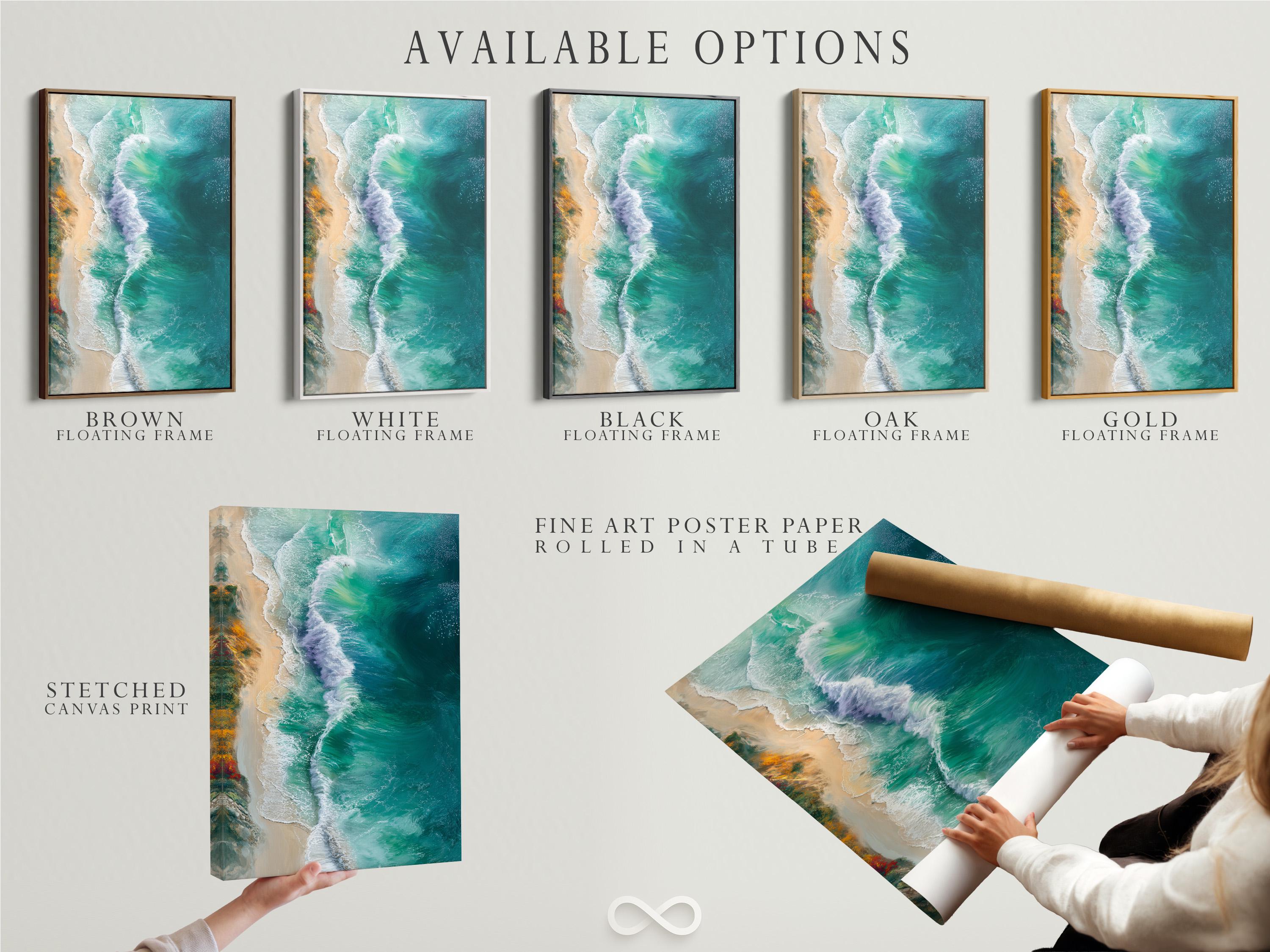 Room mockup showing framed ocean waves artwork in teal and turquoise tones