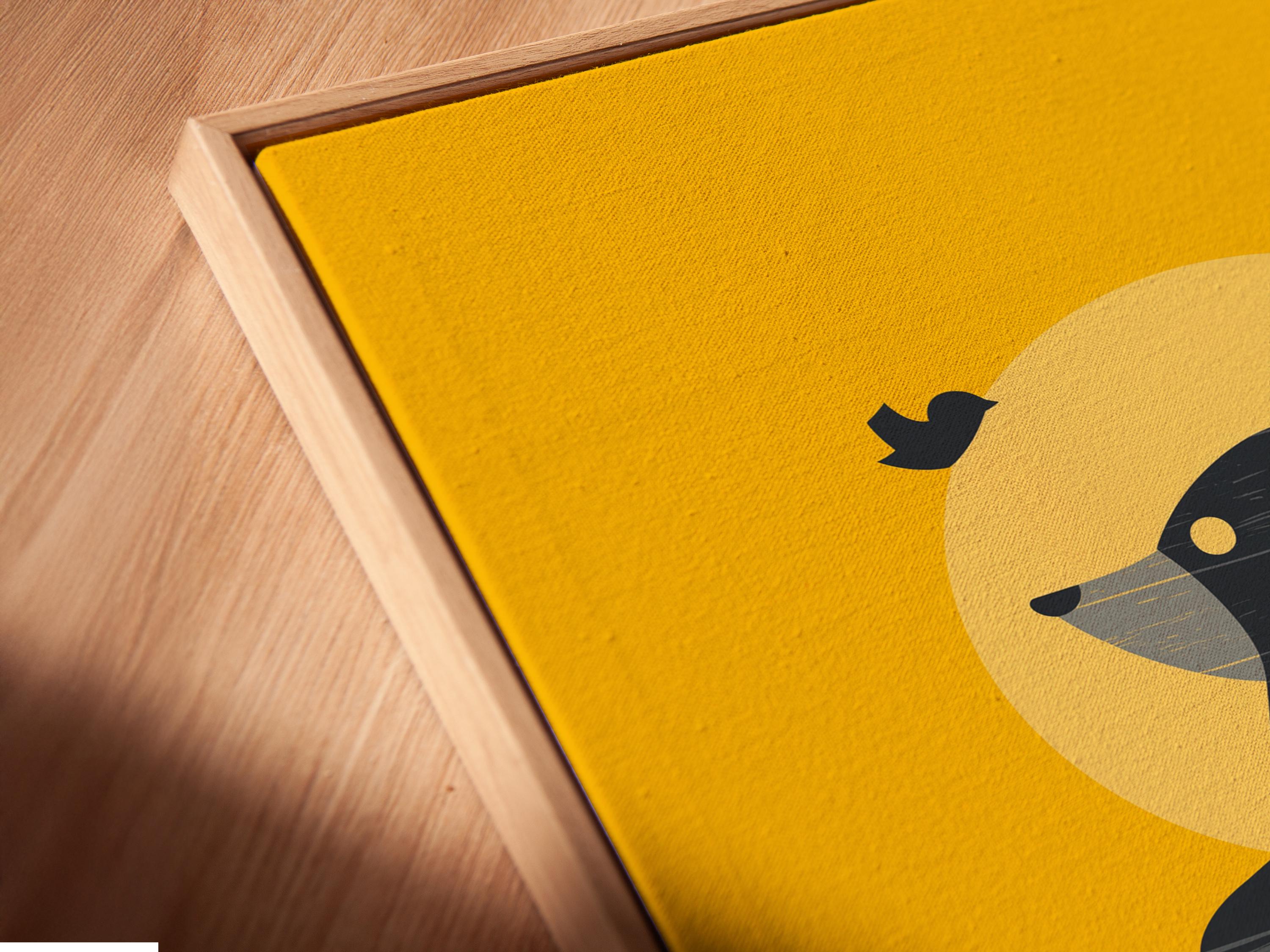 Room mockup showing a framed minimalist bear on a boat artwork on a yellow background