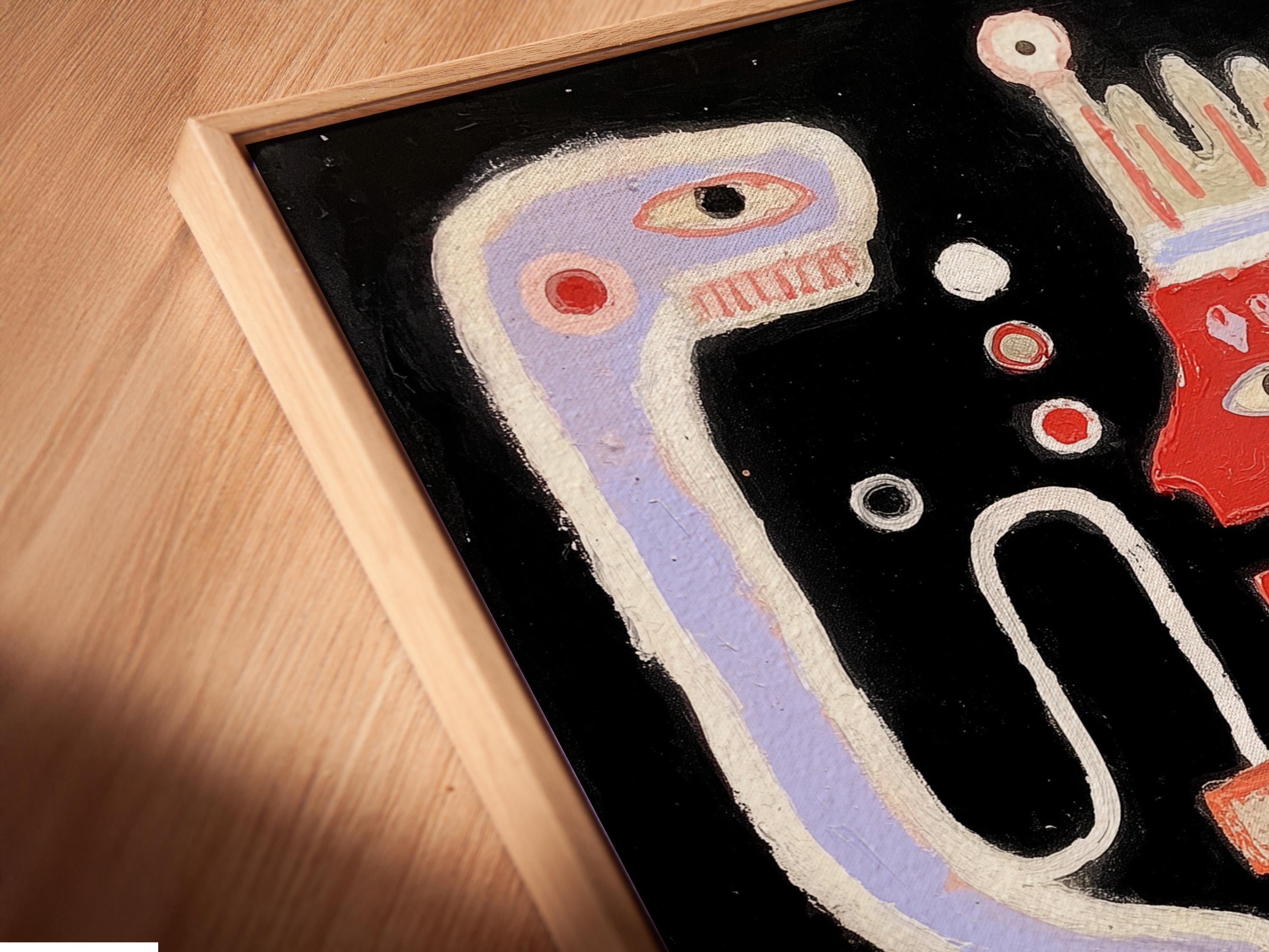 Room mockup showing an abstract odd face artwork with dusty pink, light blue and red details